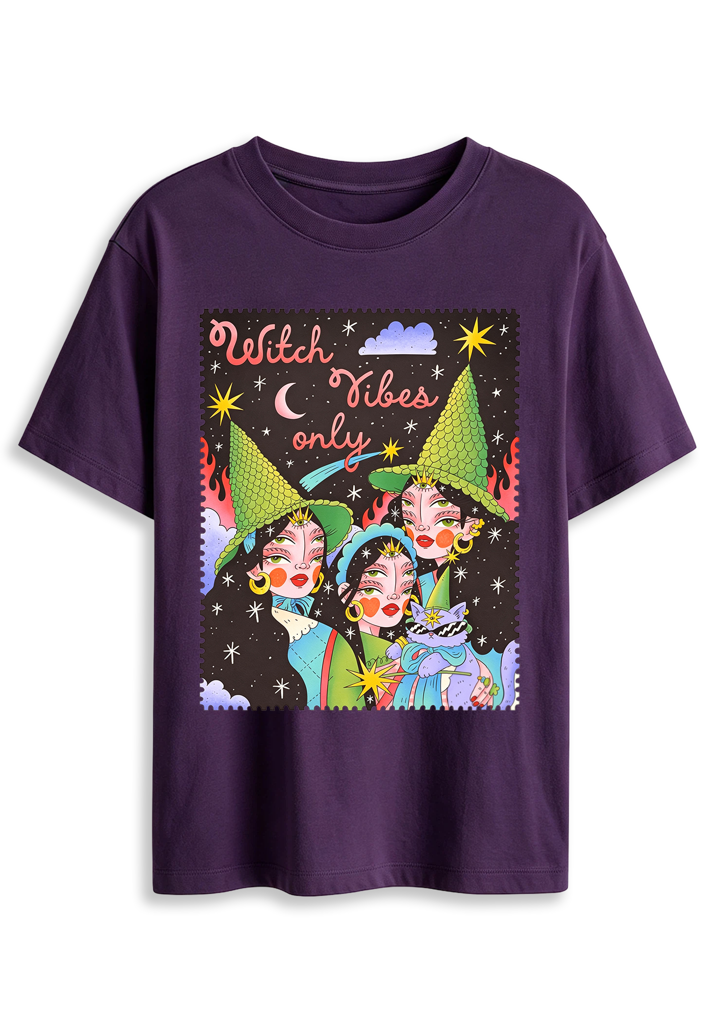 Witch Vibes Only Cartoon Witch Art Graphic T-Shirt