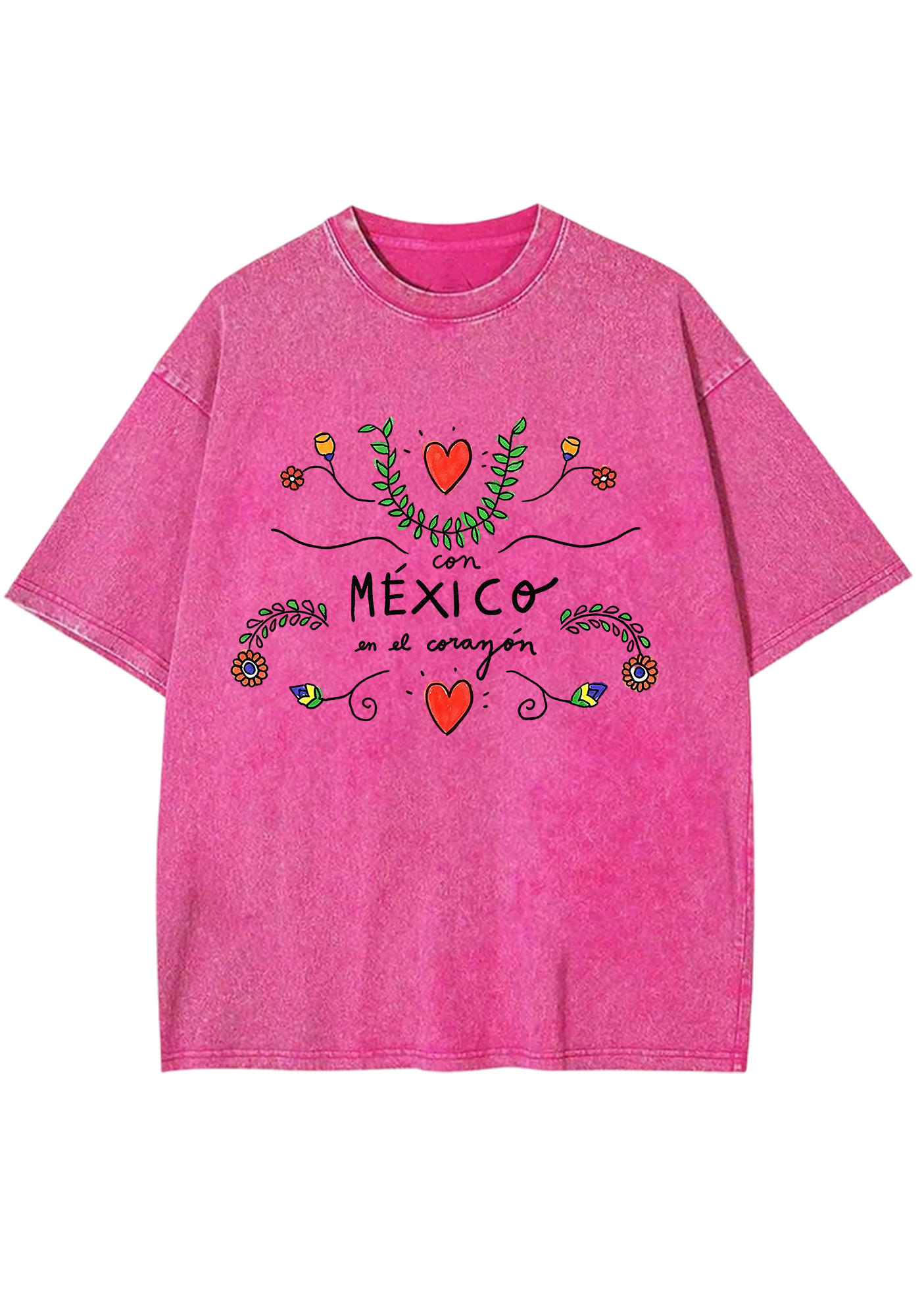 Mexico En El Corazón Floral Heart Script Washed Tee