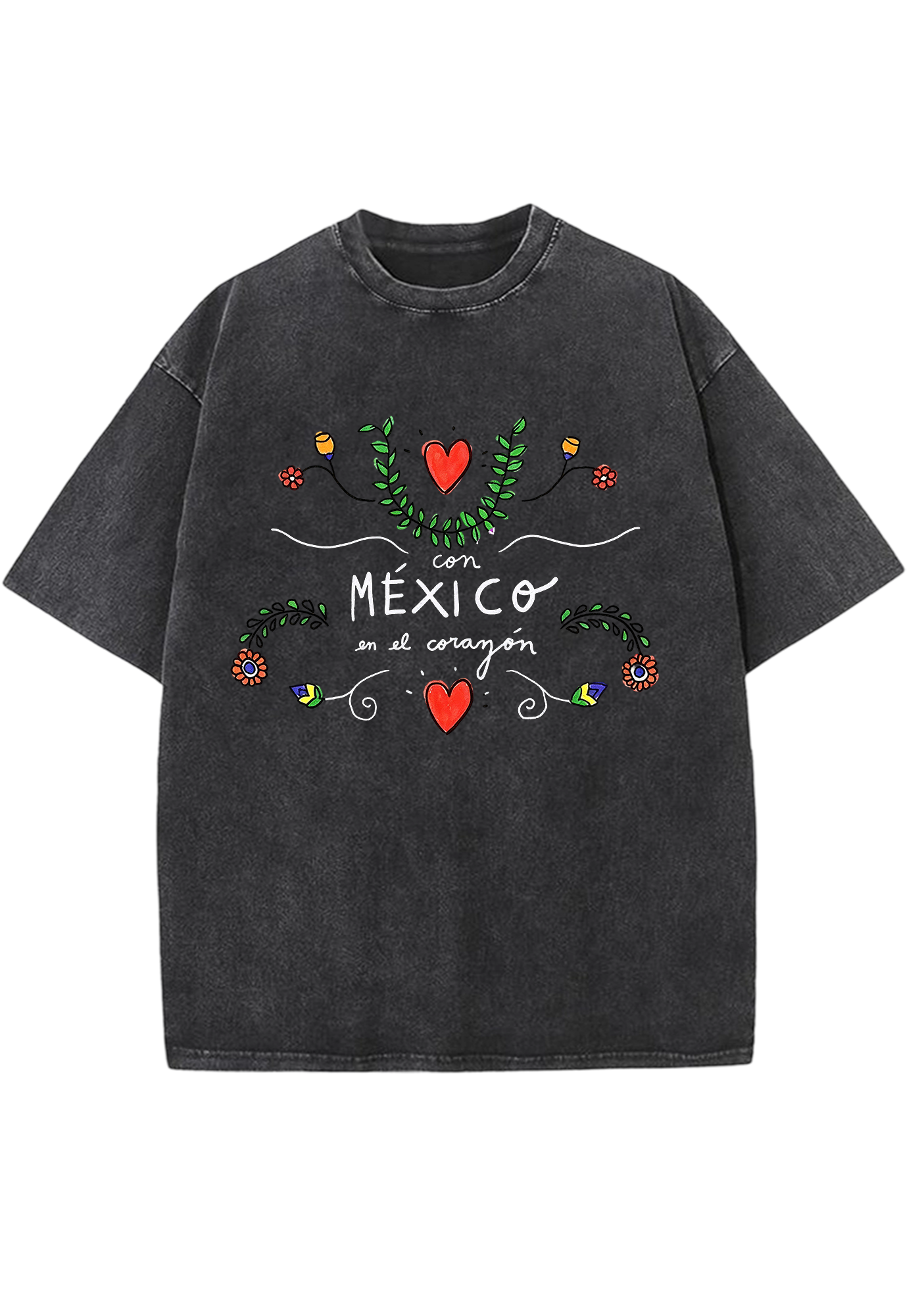 Mexico En El Corazón Floral Heart Script Washed Tee