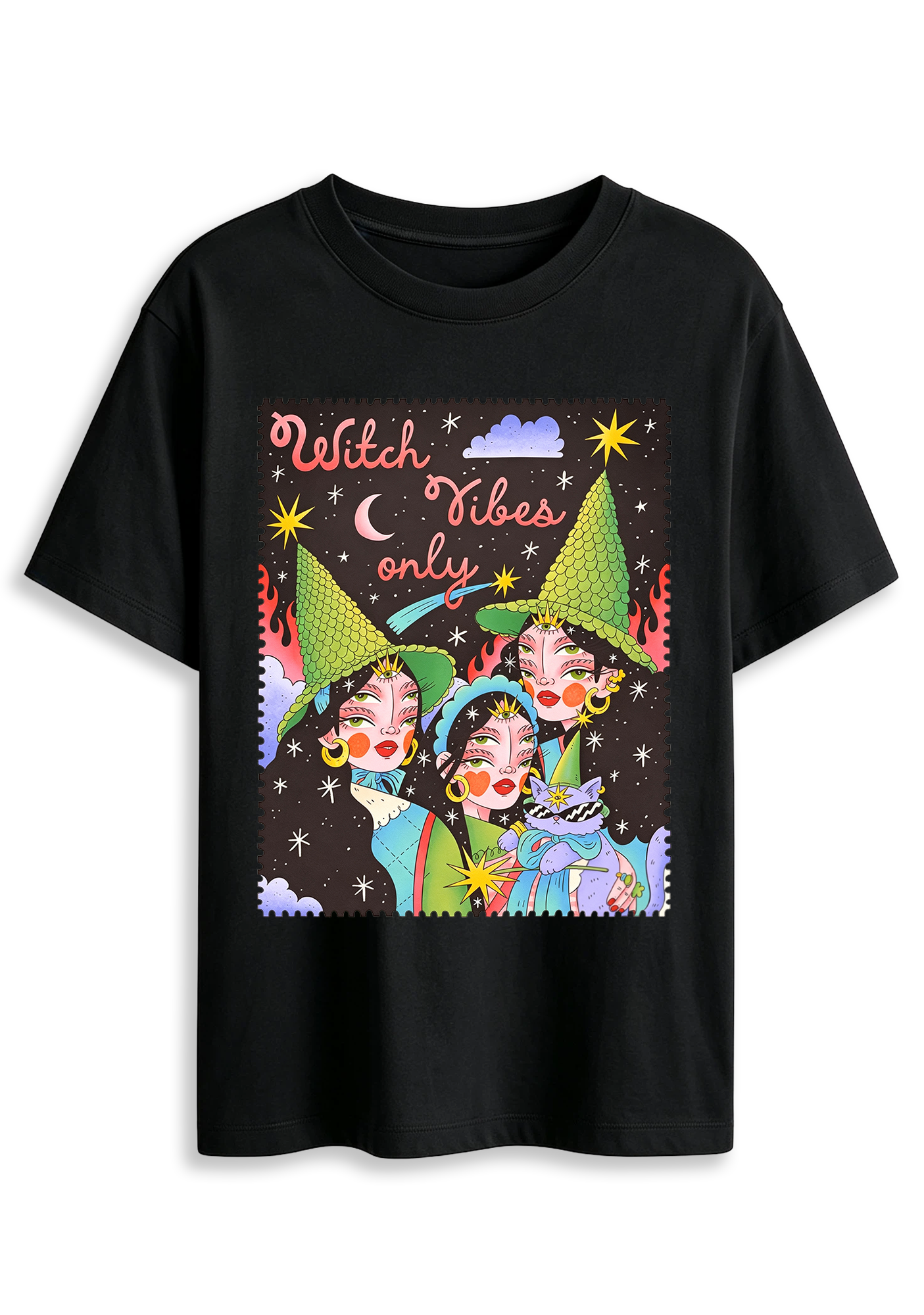 Witch Vibes Only Cartoon Witch Art Graphic T-Shirt
