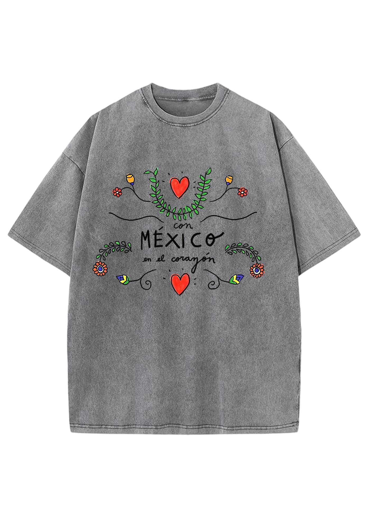 Mexico En El Corazón Floral Heart Script Washed Tee