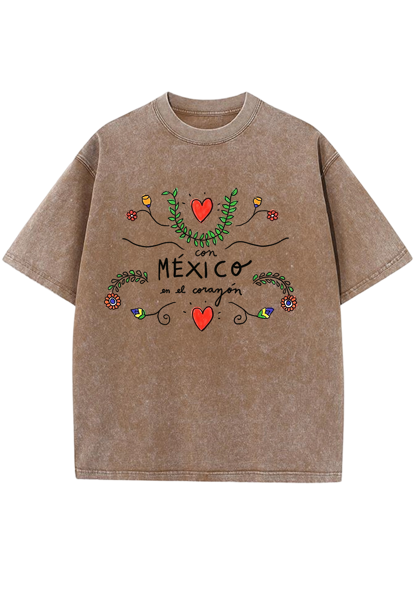 Mexico En El Corazón Floral Heart Script Washed Tee