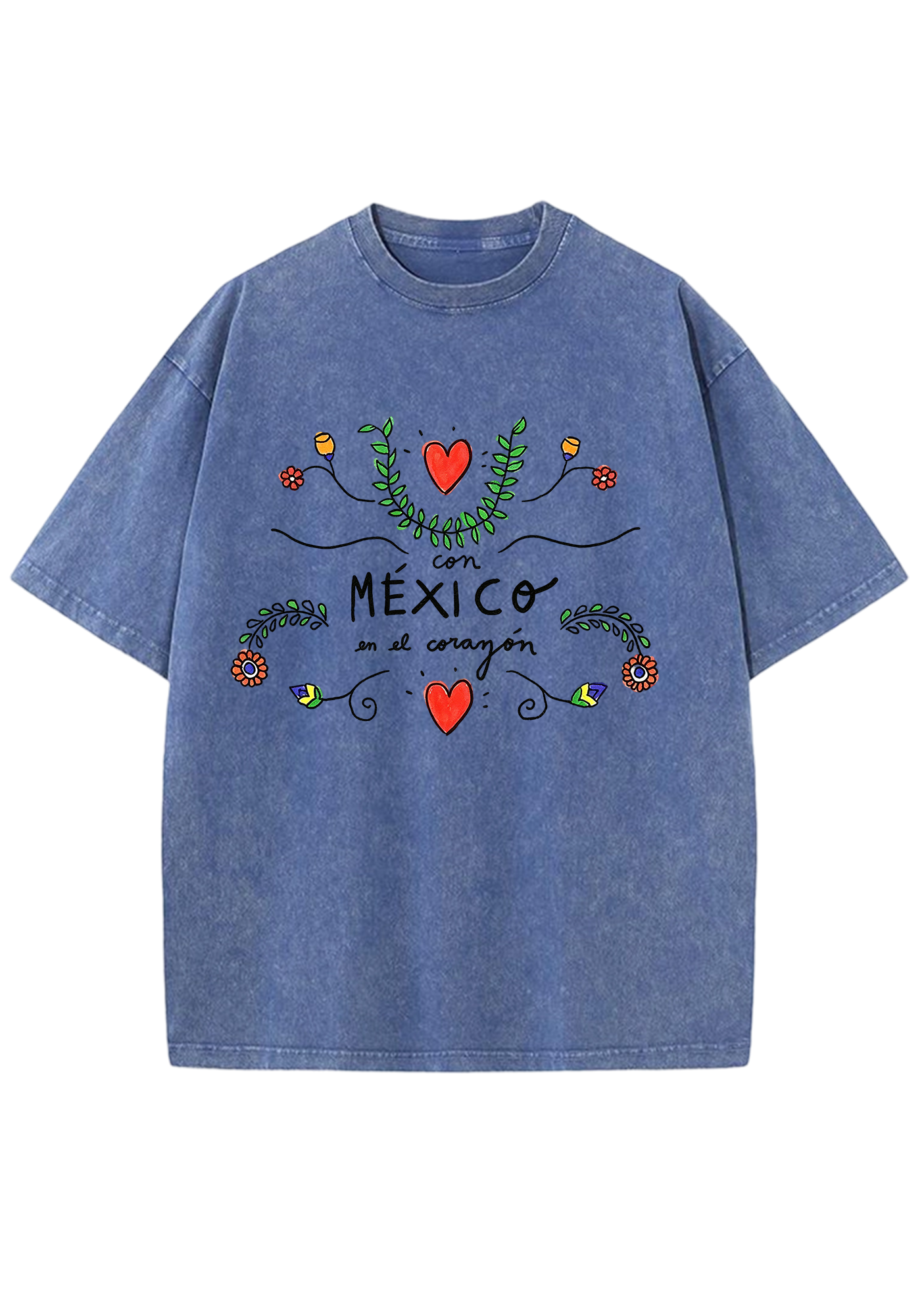 Mexico En El Corazón Floral Heart Script Washed Tee
