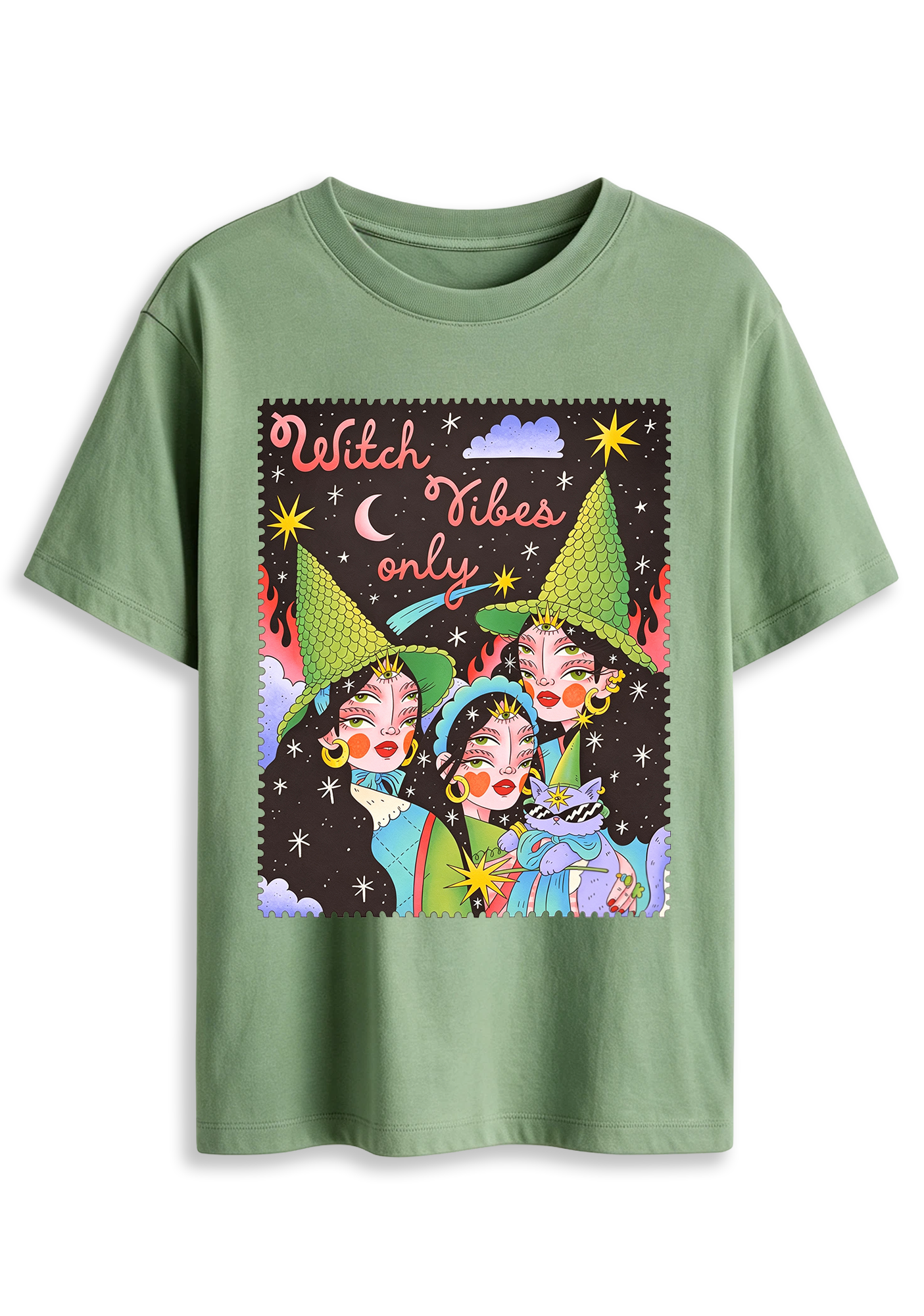 Witch Vibes Only Cartoon Witch Art Graphic T-Shirt