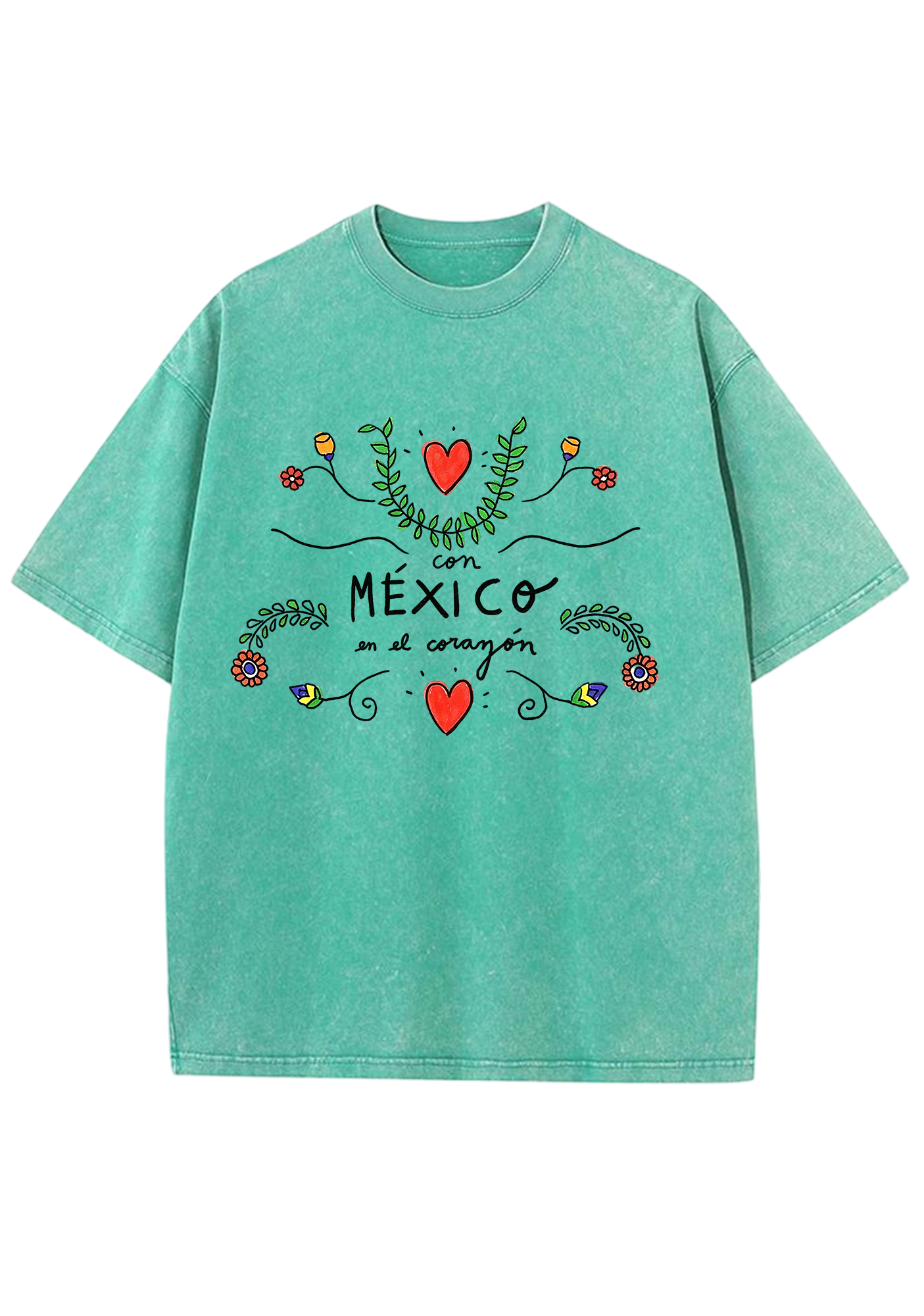 Mexico En El Corazón Floral Heart Script Washed Tee