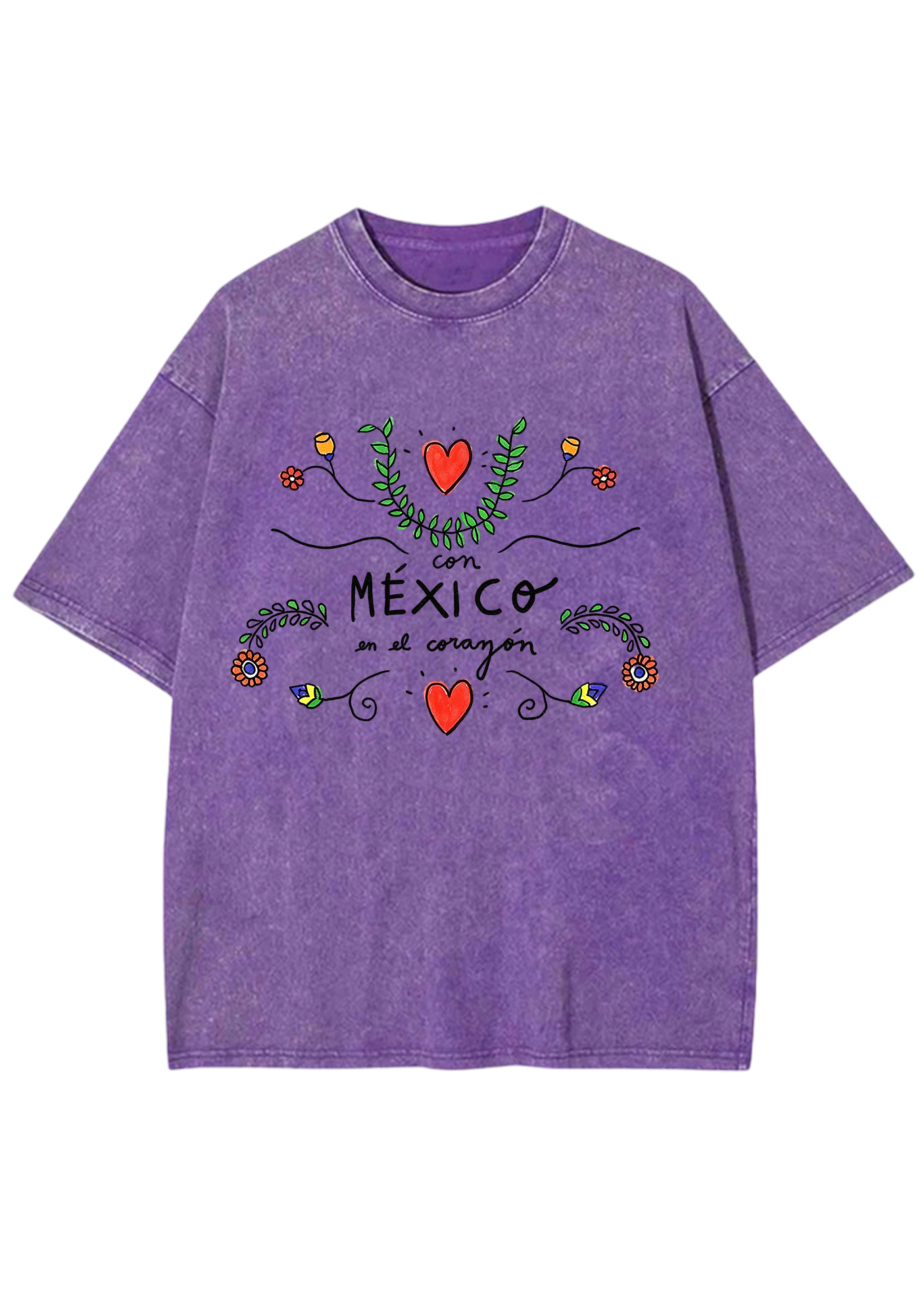 Mexico En El Corazón Floral Heart Script Washed Tee