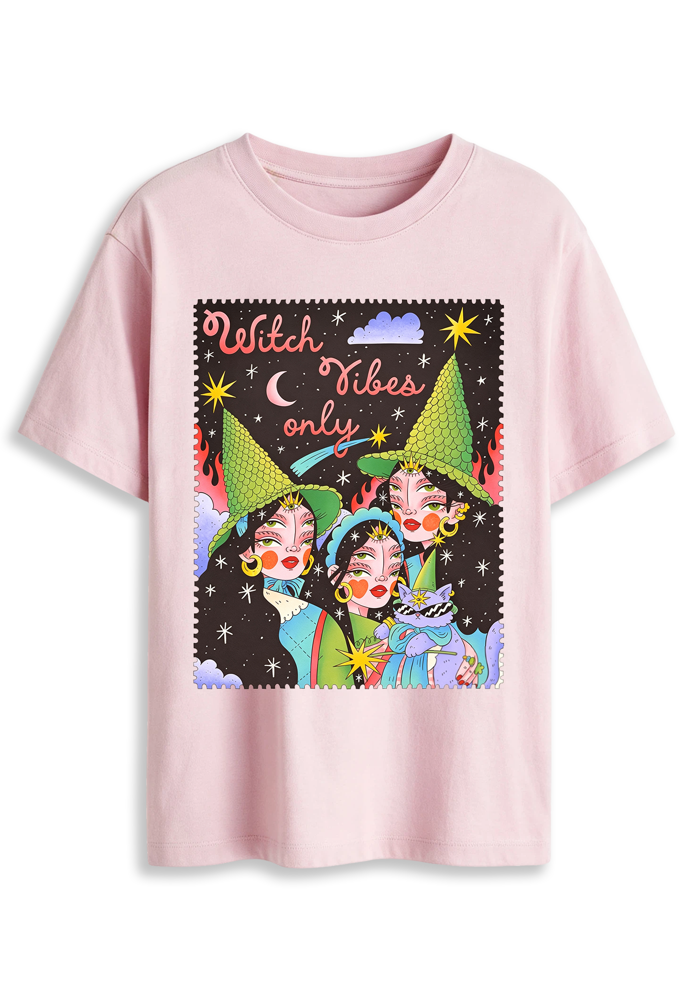 Witch Vibes Only Cartoon Witch Art Graphic T-Shirt
