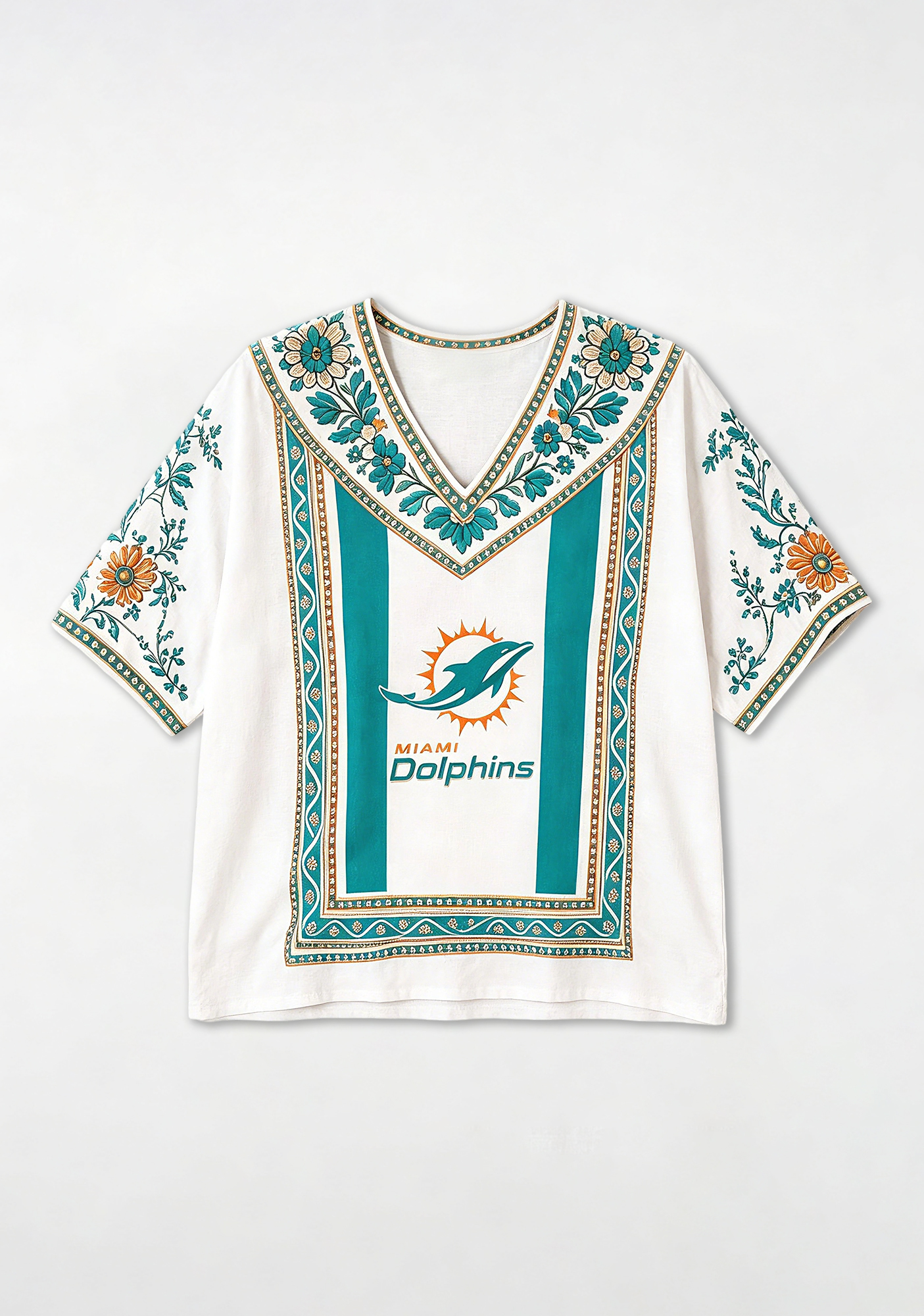 Boho Teal Floral Miami Dolphins V-Neck Blouse