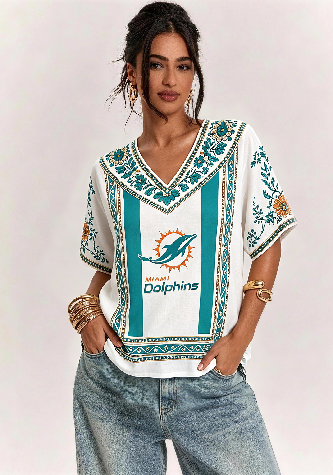Boho Teal Floral Miami Dolphins V-Neck Blouse