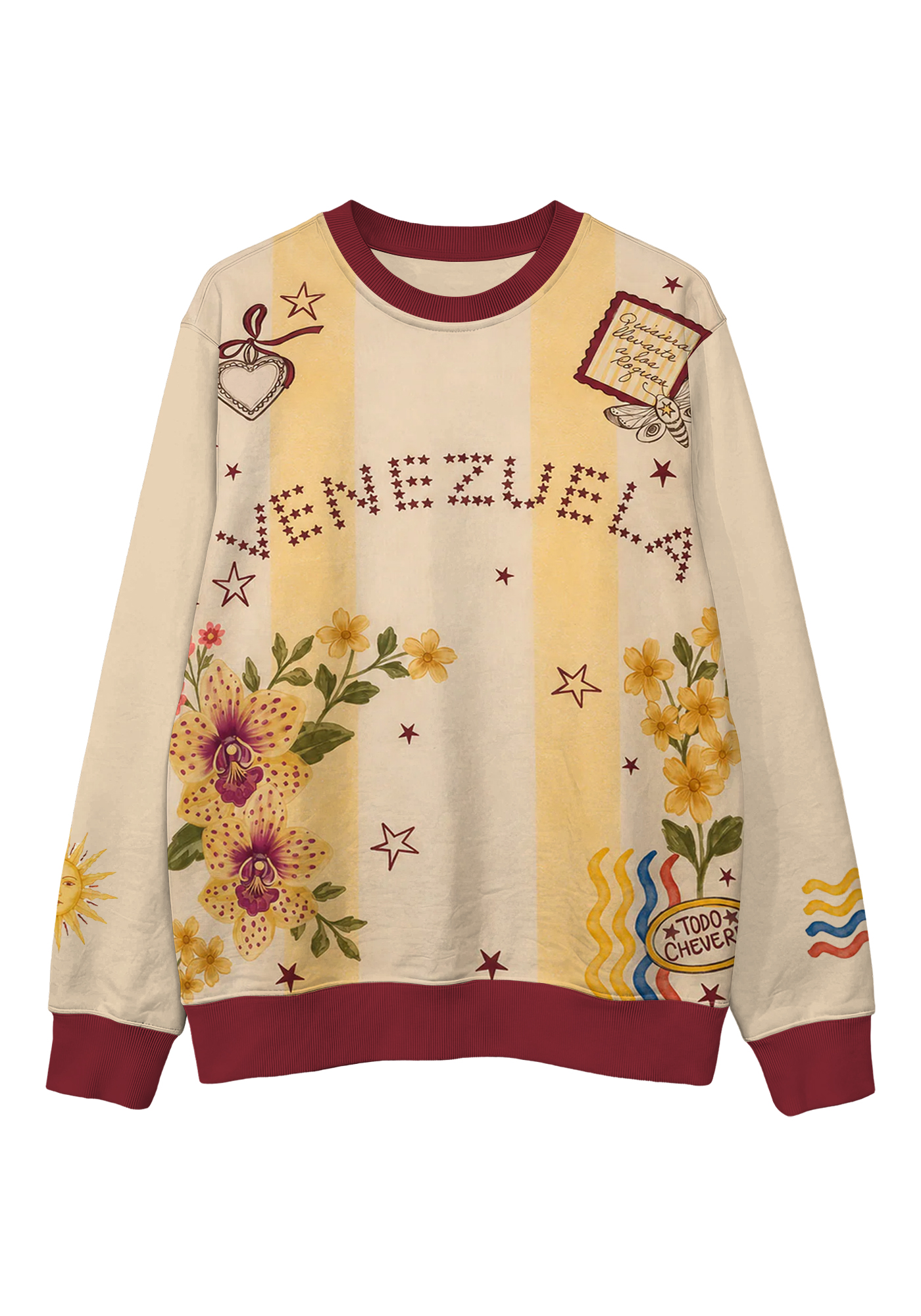 Cream Yellow Striped Venezuela Retro Floral Orchid Graphic Casual Sweatshirt