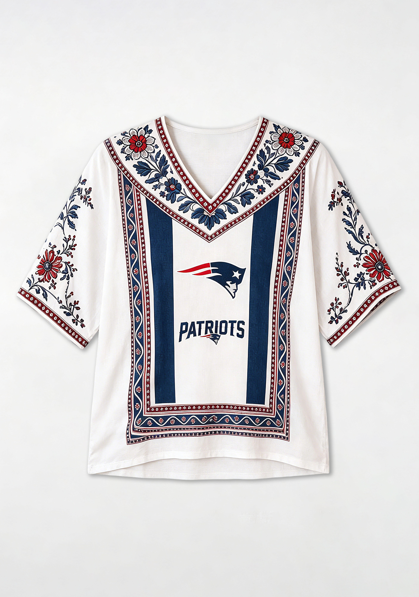 Boho Red Navy Floral New England Patriots V-Neck Blouse
