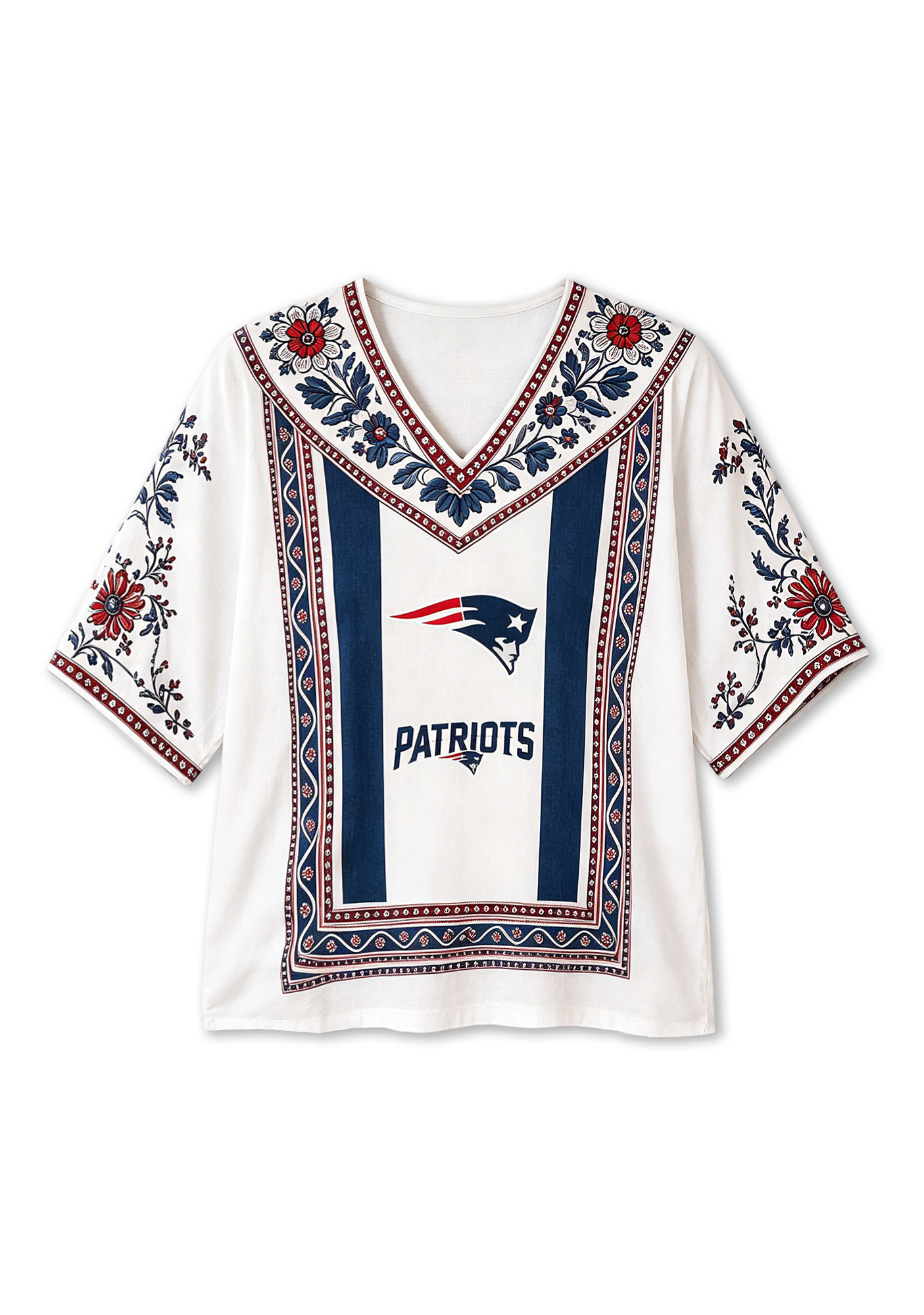 Boho Red Navy Floral New England Patriots V-Neck Blouse
