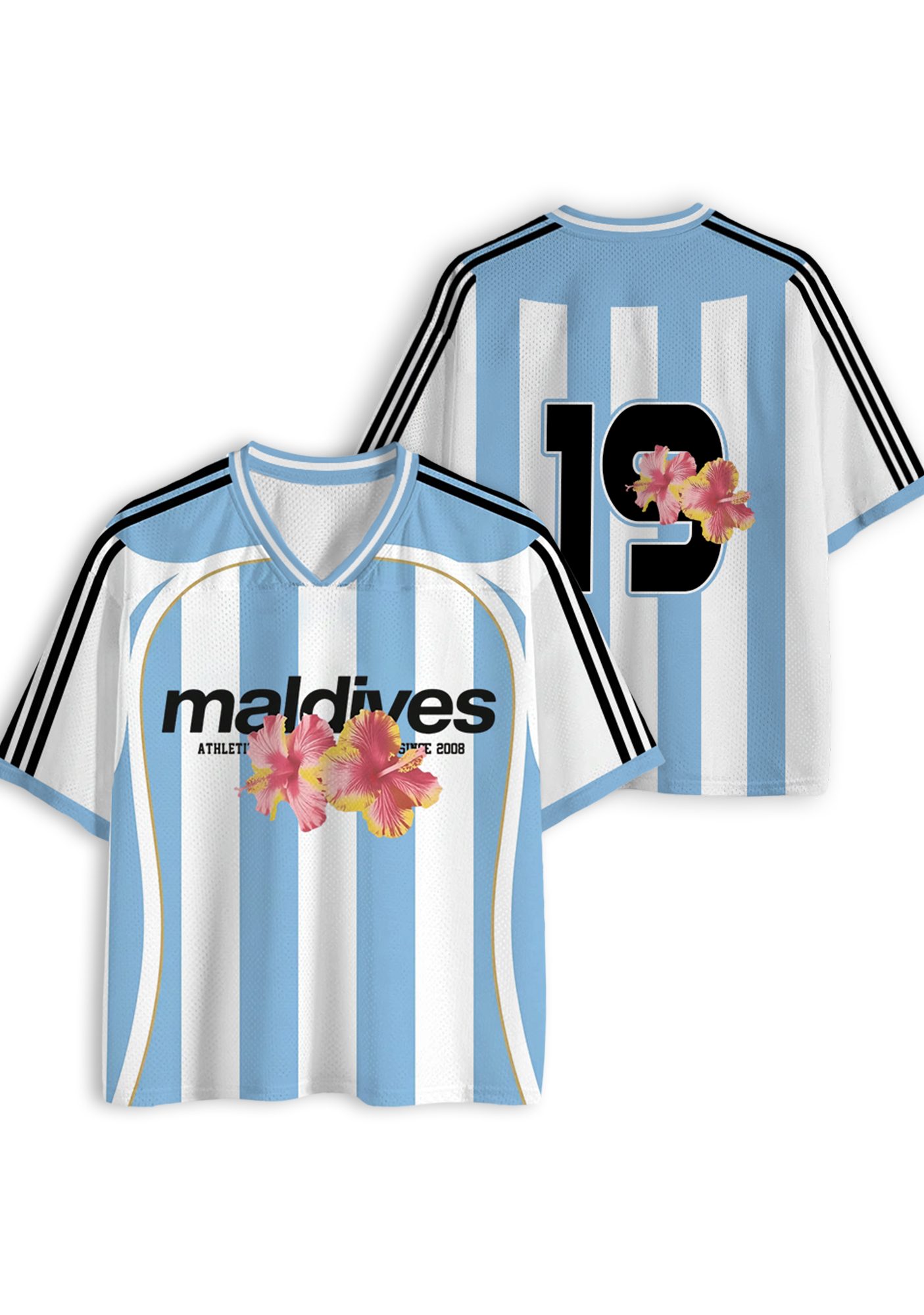 Maldives Hibiscus Blue White Stripe Y2K Jersey Shirts