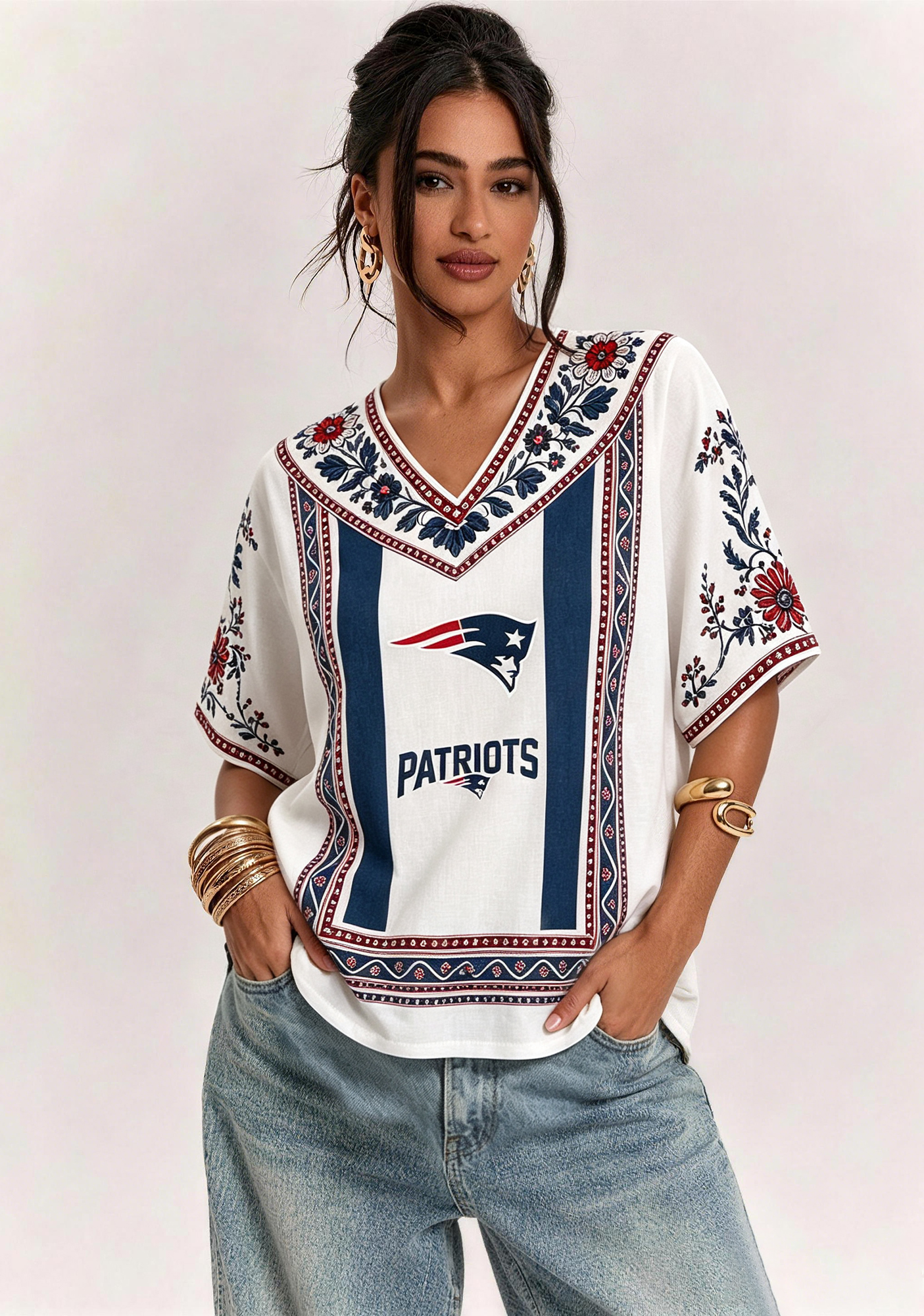 Boho Red Navy Floral New England Patriots V-Neck Blouse