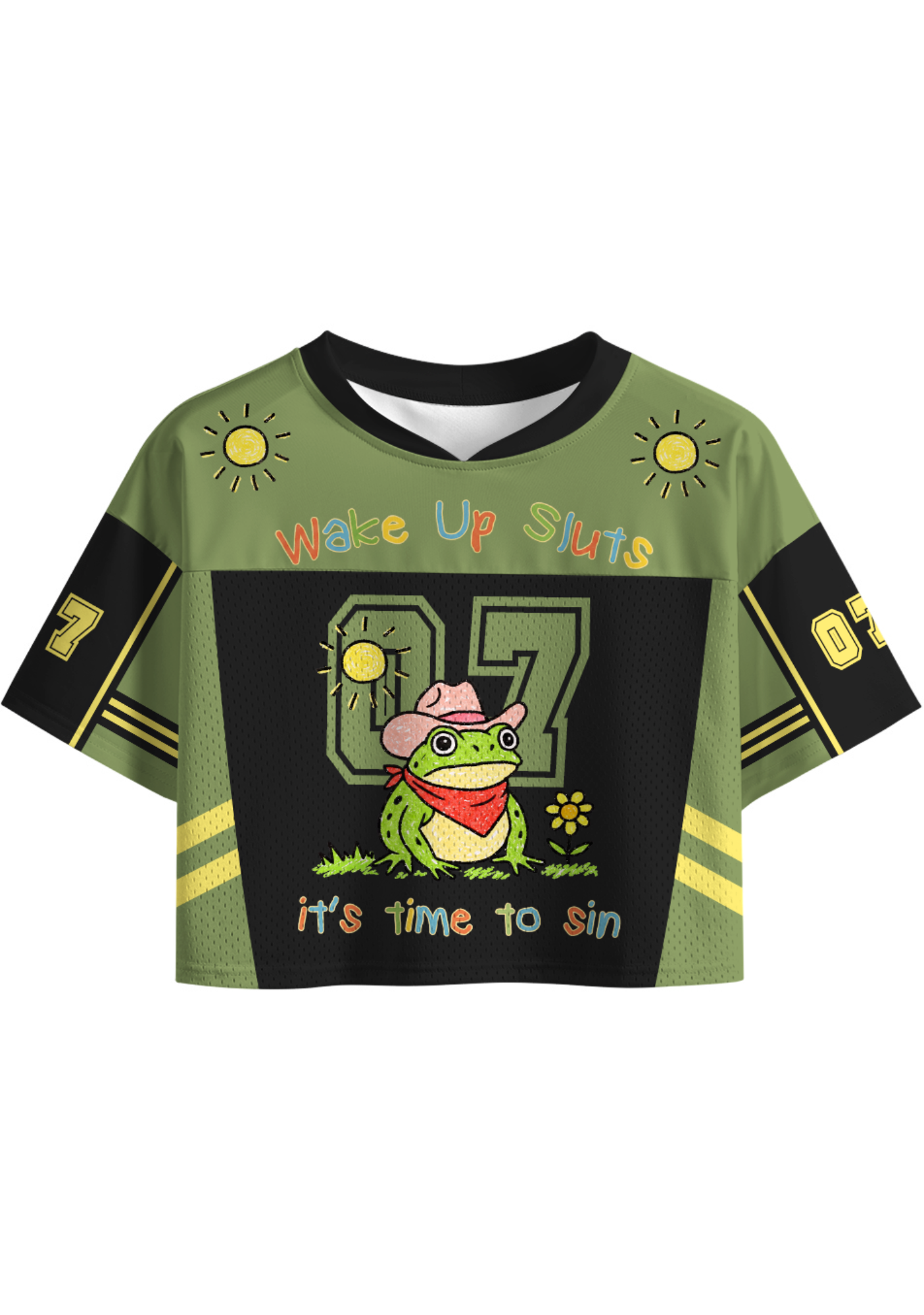 Wake up it's time to sin, funny cowboy frog meme Crop Sports Jersey