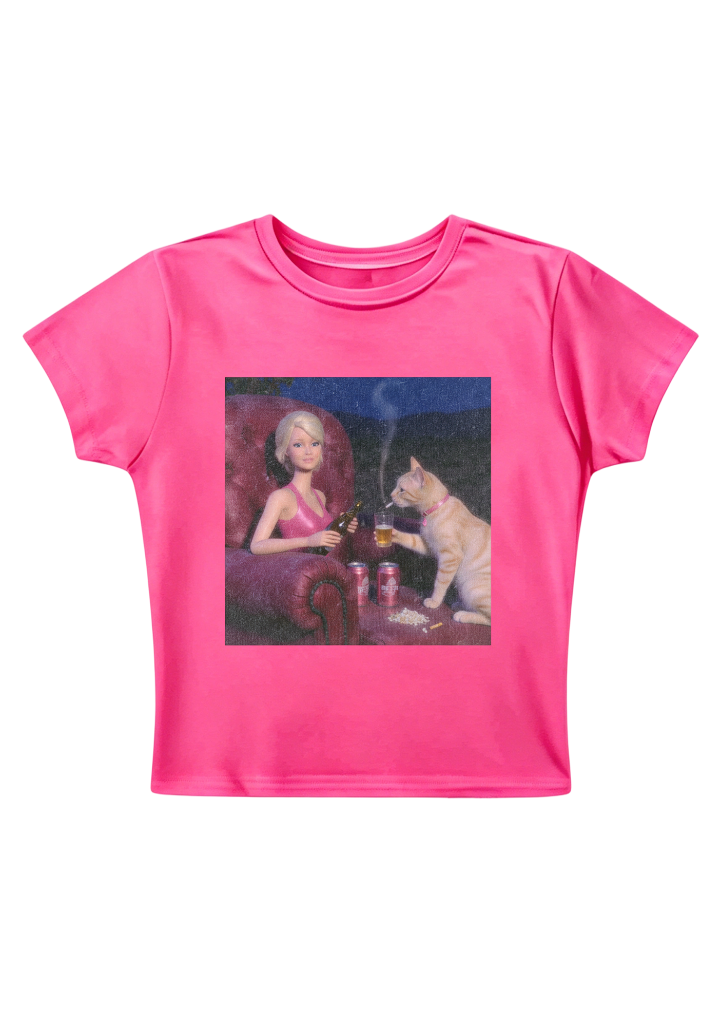 Bad Barbie and Her Cat Drinking Beer Y2K Baby Tee
