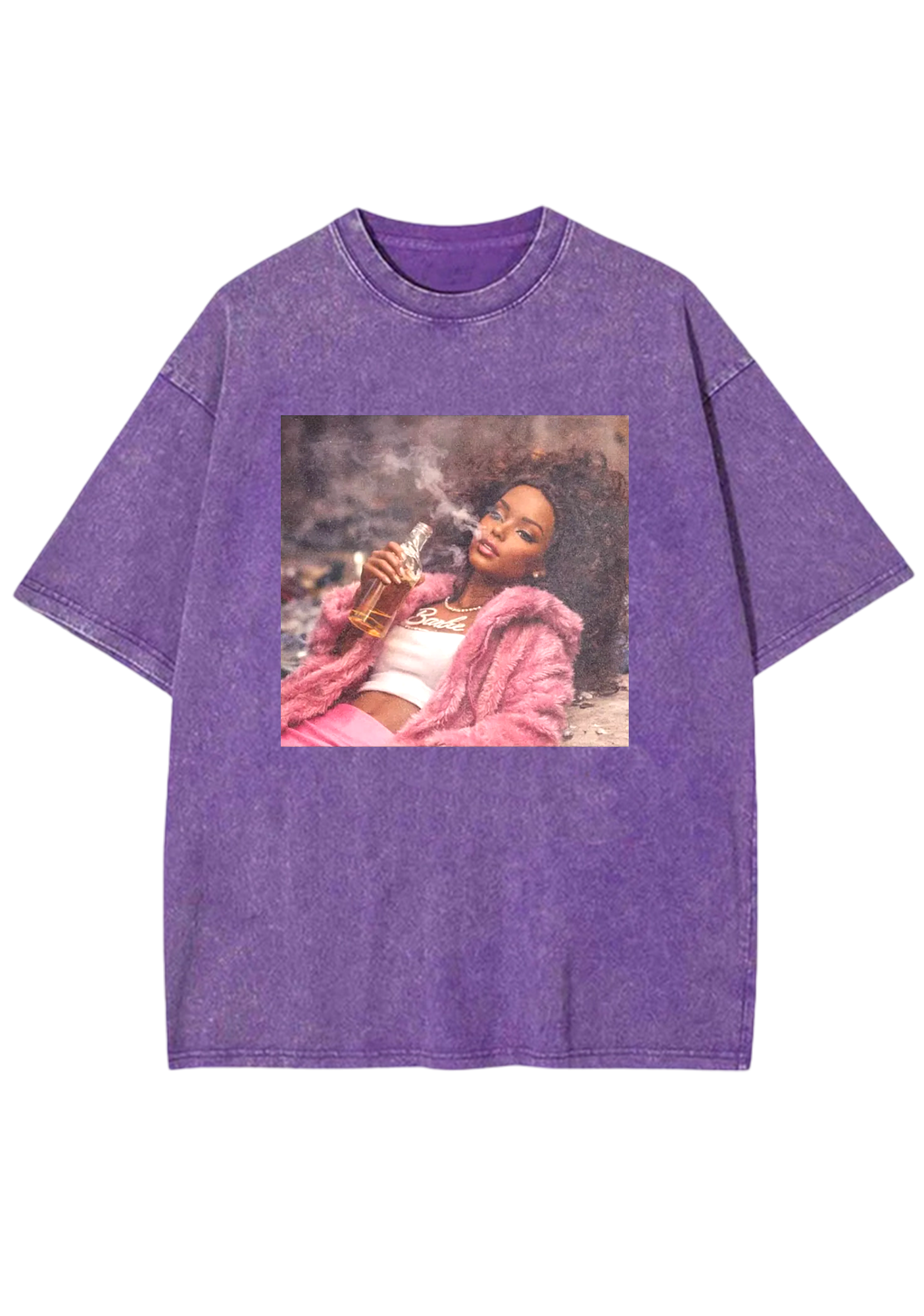 Rebel Pink Fur Barbie Smoking With Liquor Y2K Washed Tee