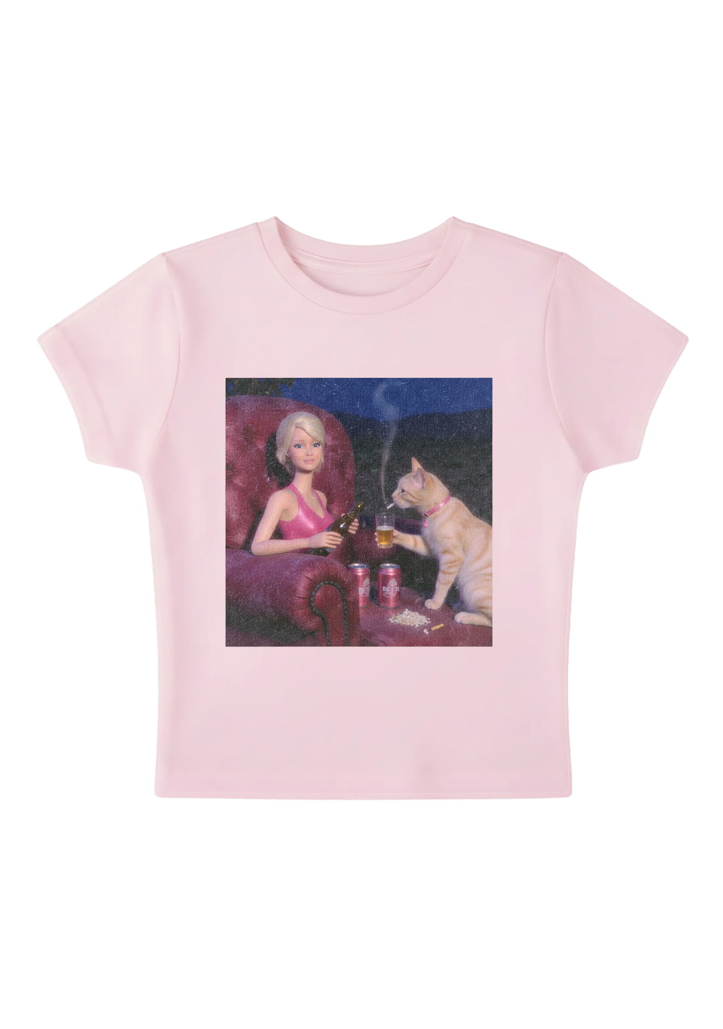 Bad Barbie and Her Cat Drinking Beer Y2K Baby Tee