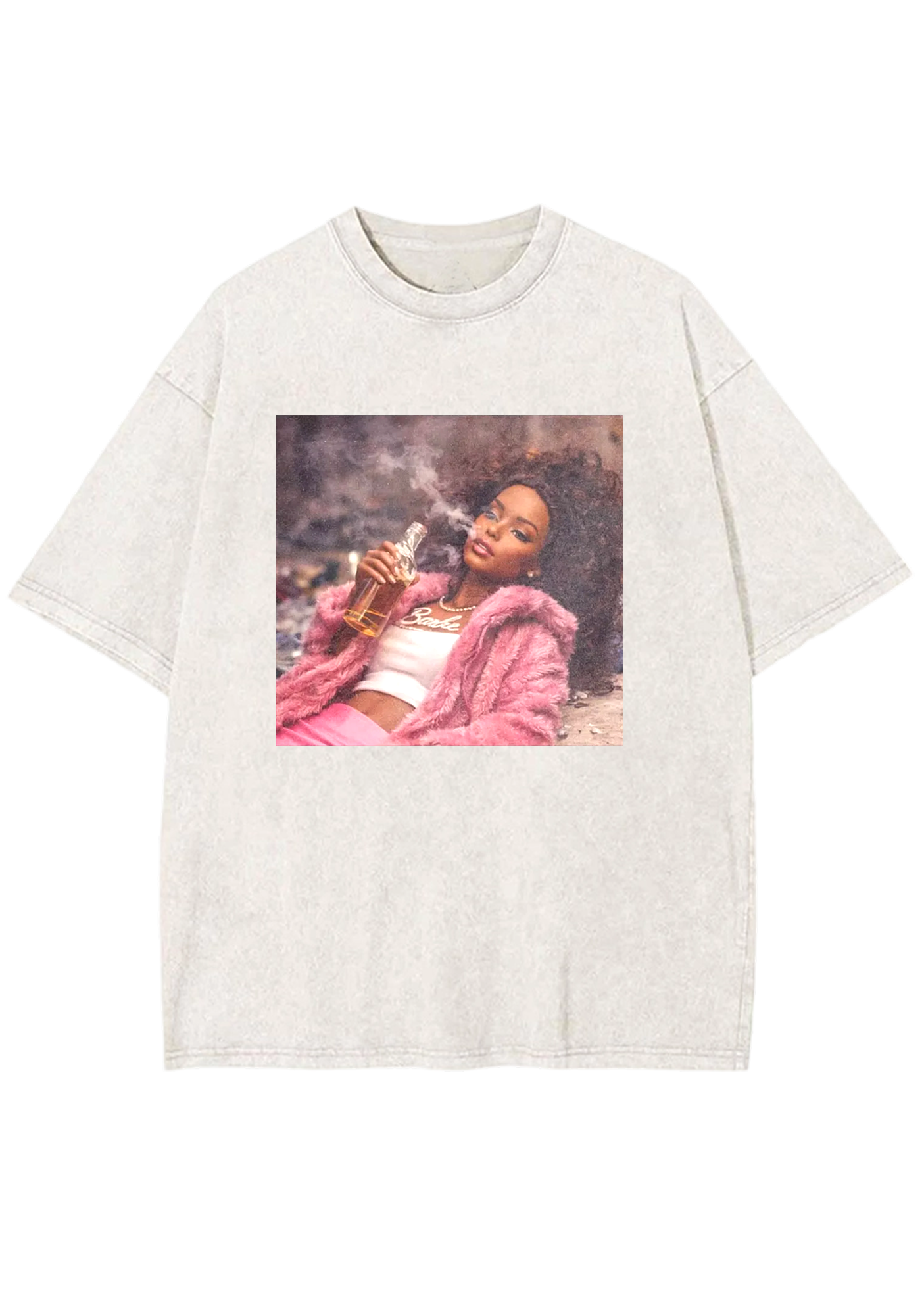 Rebel Pink Fur Barbie Smoking With Liquor Y2K Washed Tee