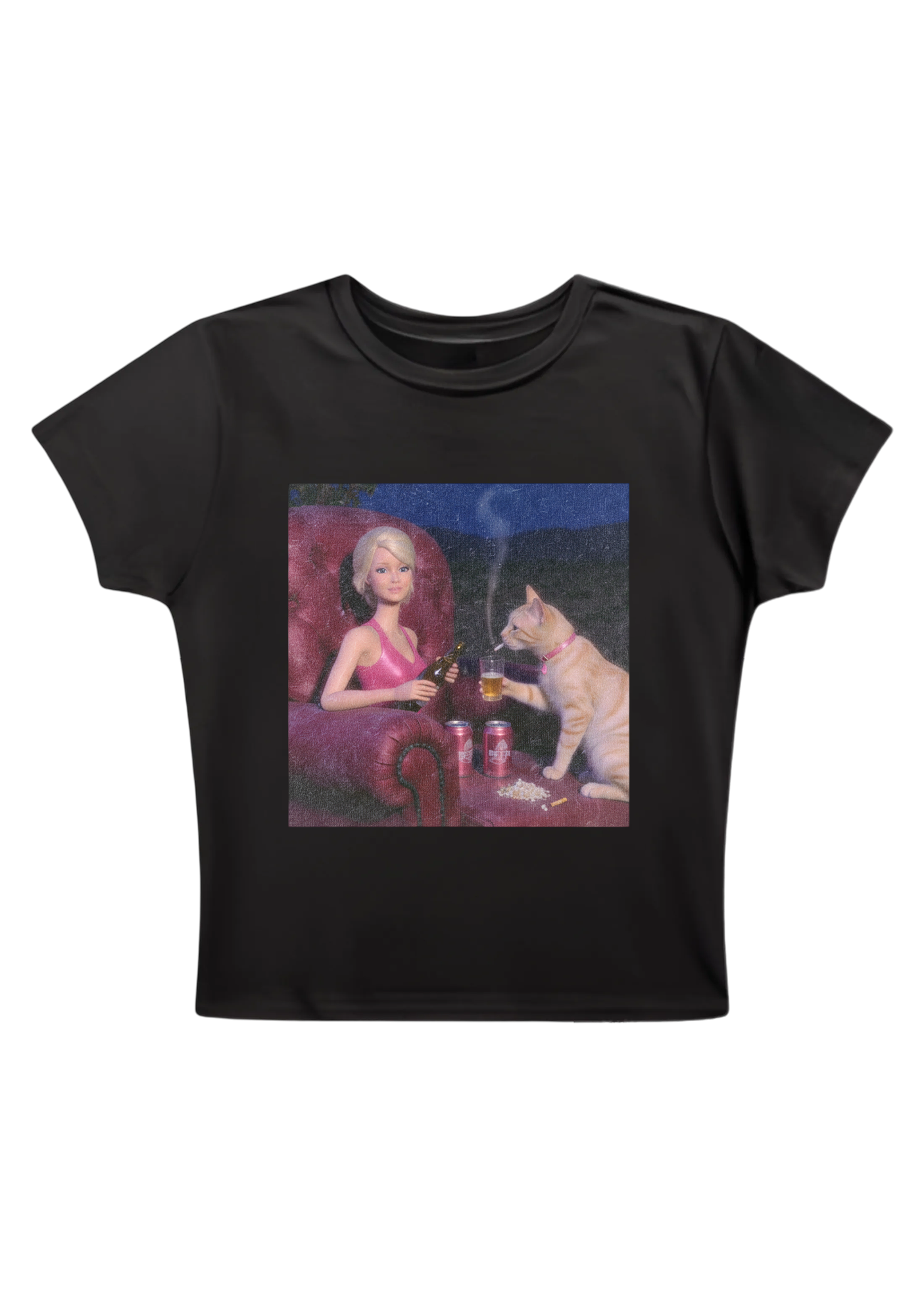 Bad Barbie and Her Cat Drinking Beer Y2K Baby Tee