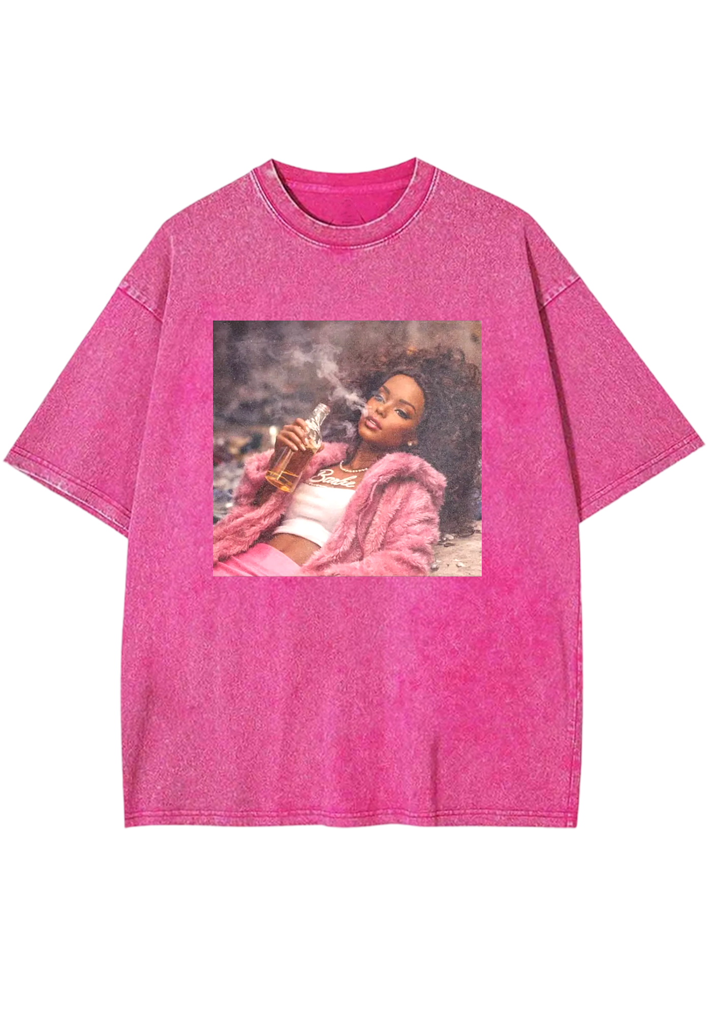 Rebel Pink Fur Barbie Smoking With Liquor Y2K Washed Tee