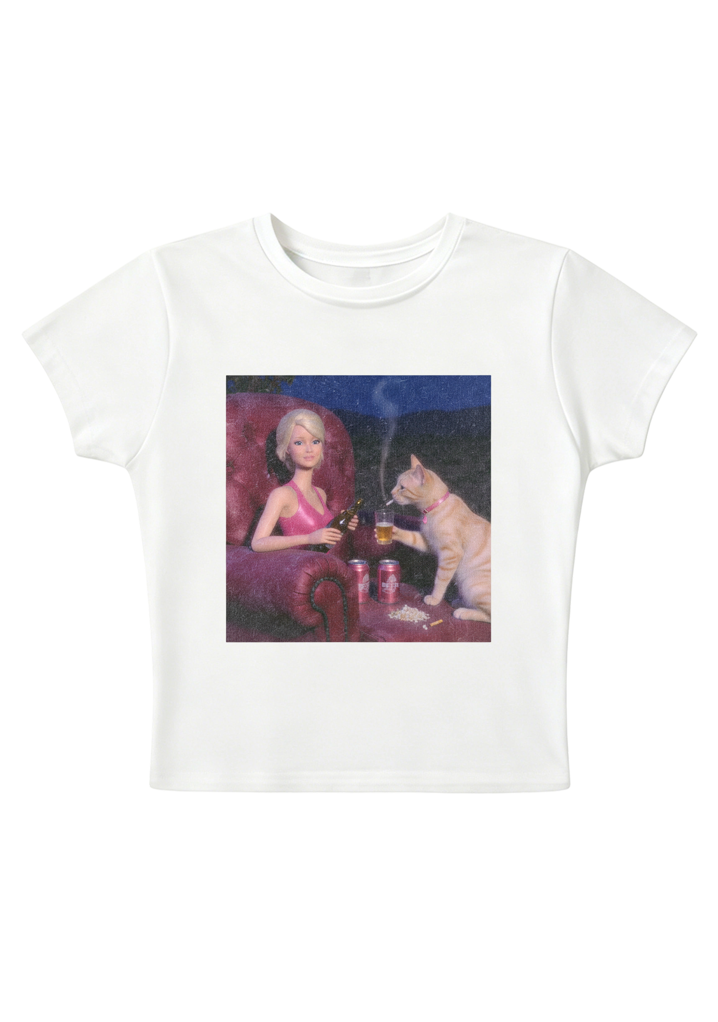 Bad Barbie and Her Cat Drinking Beer Y2K Baby Tee