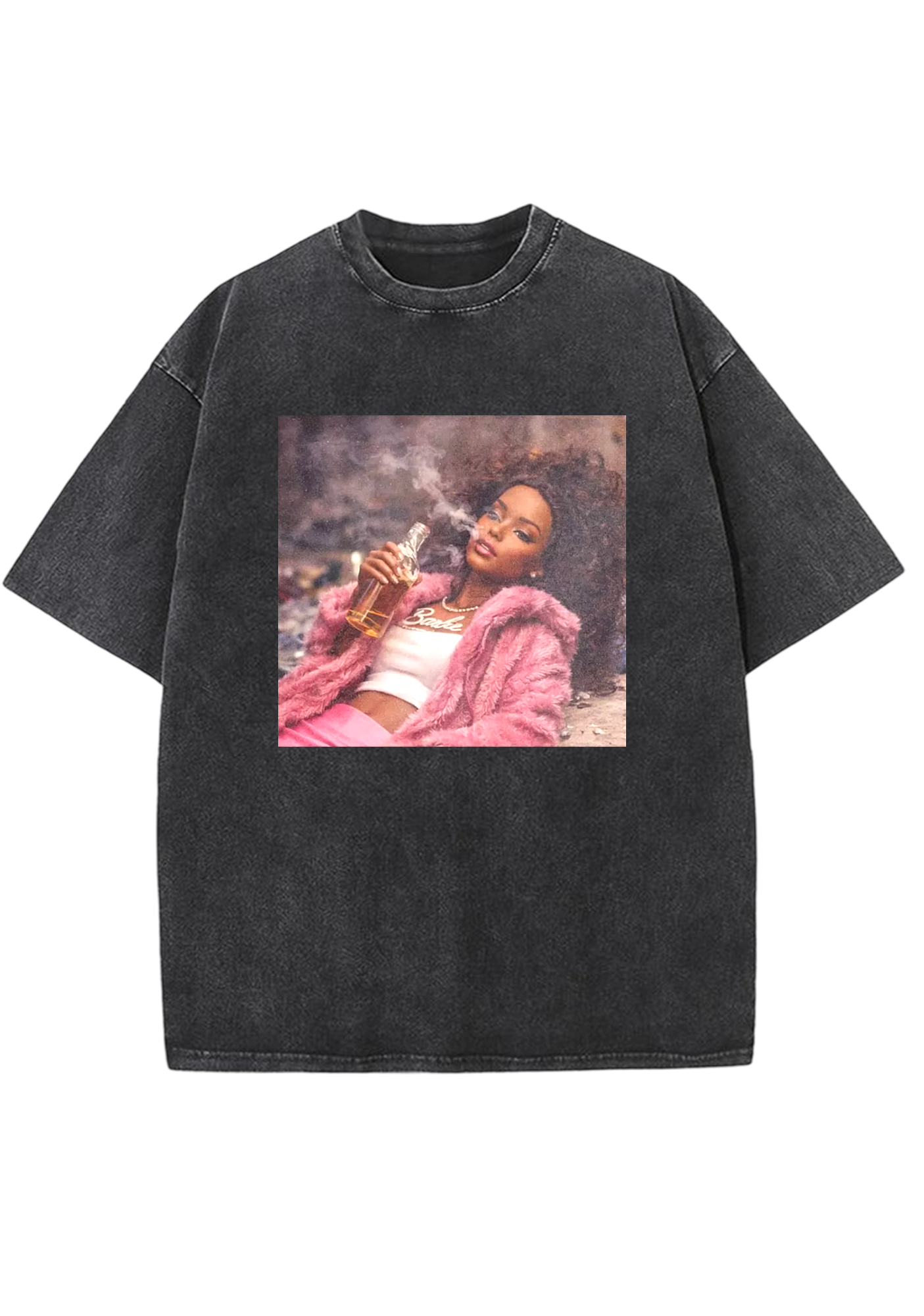 Rebel Pink Fur Barbie Smoking With Liquor Y2K Washed Tee