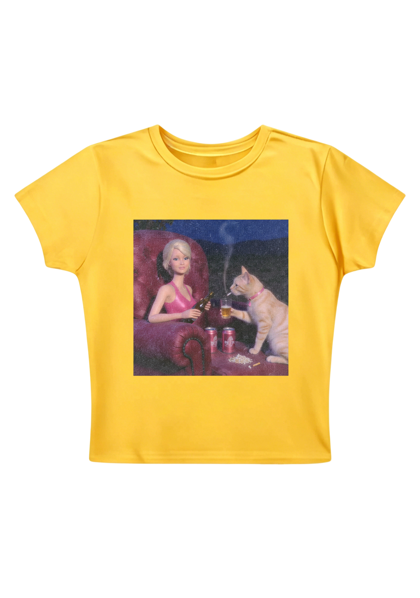 Bad Barbie and Her Cat Drinking Beer Y2K Baby Tee