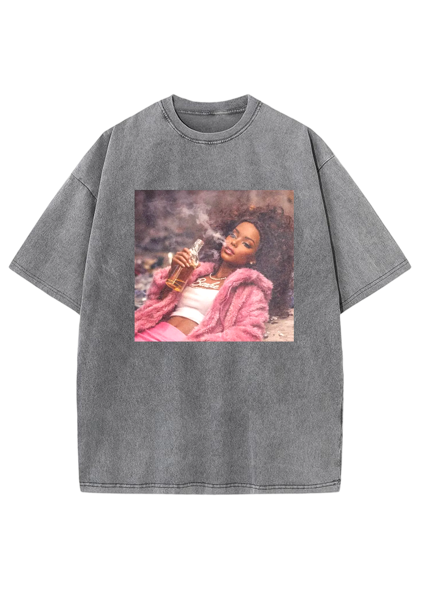 Rebel Pink Fur Barbie Smoking With Liquor Y2K Washed Tee
