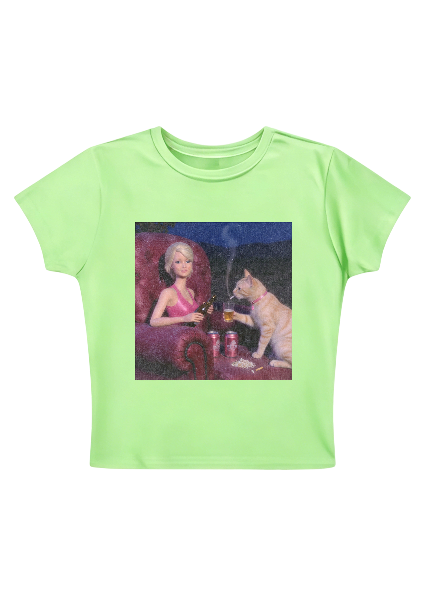Bad Barbie and Her Cat Drinking Beer Y2K Baby Tee
