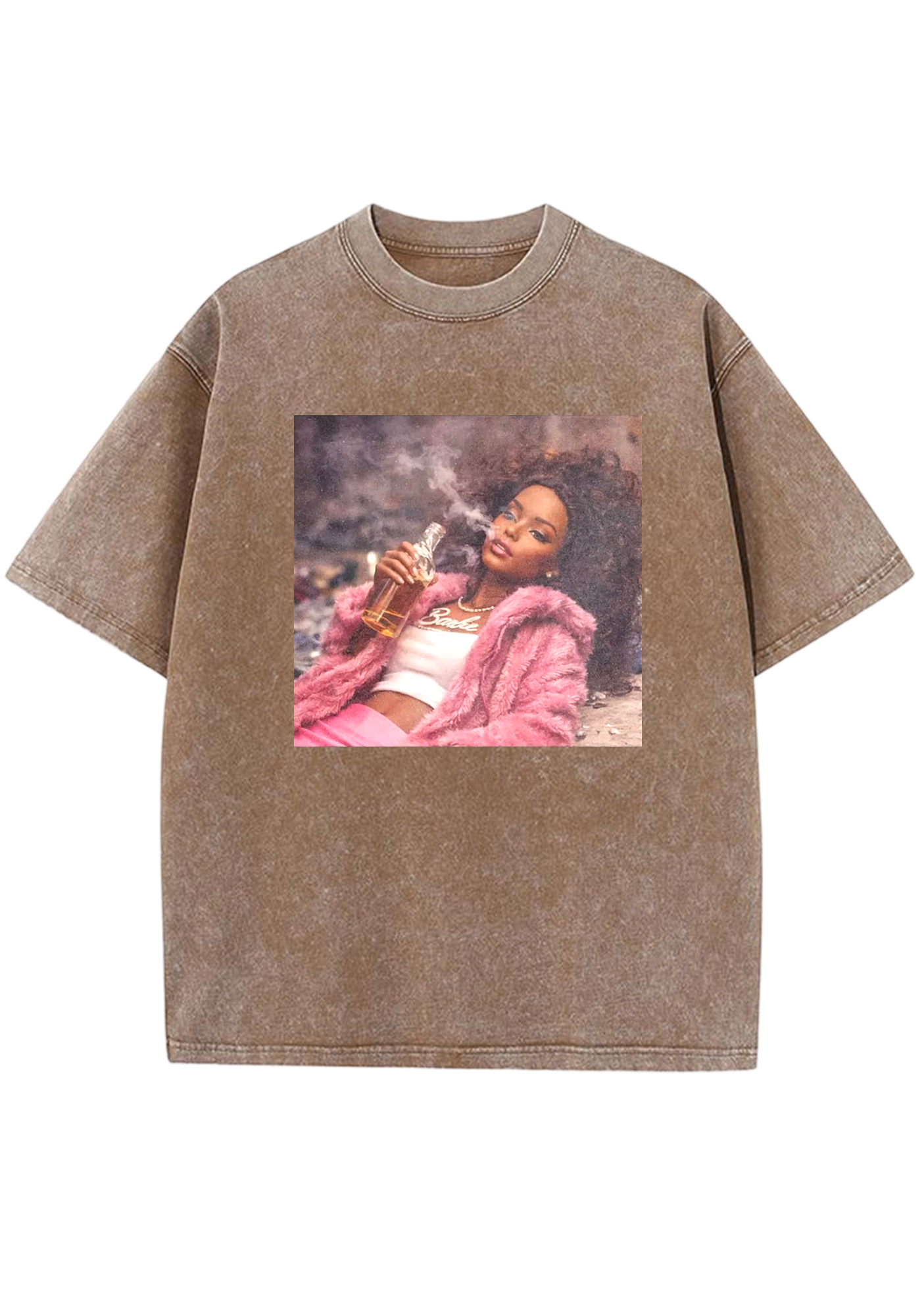 Rebel Pink Fur Barbie Smoking With Liquor Y2K Washed Tee