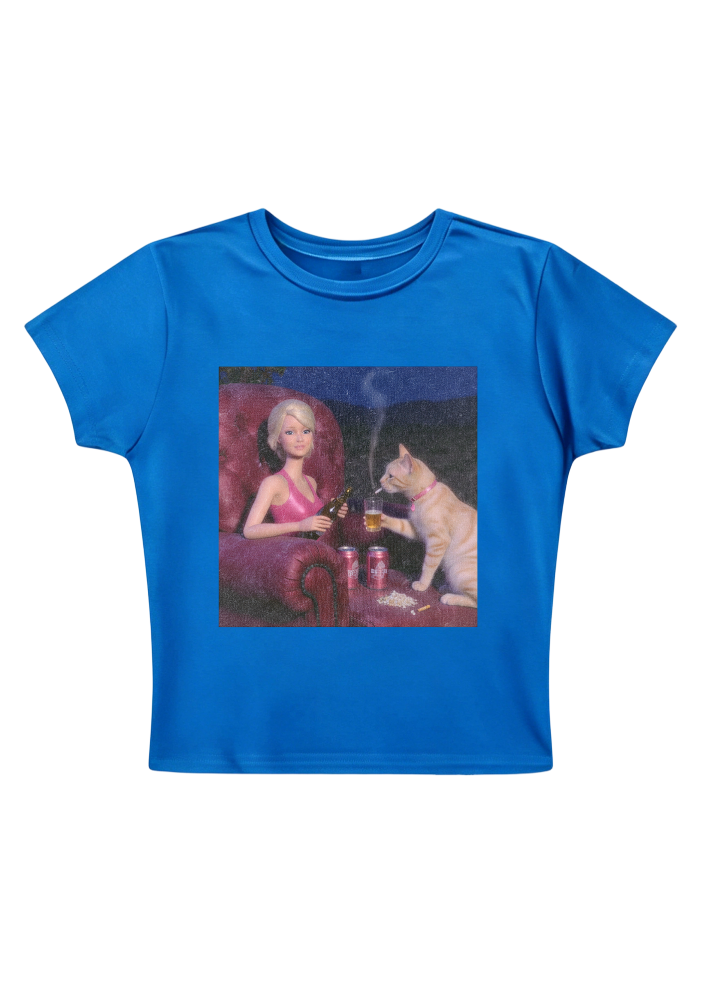 Bad Barbie and Her Cat Drinking Beer Y2K Baby Tee