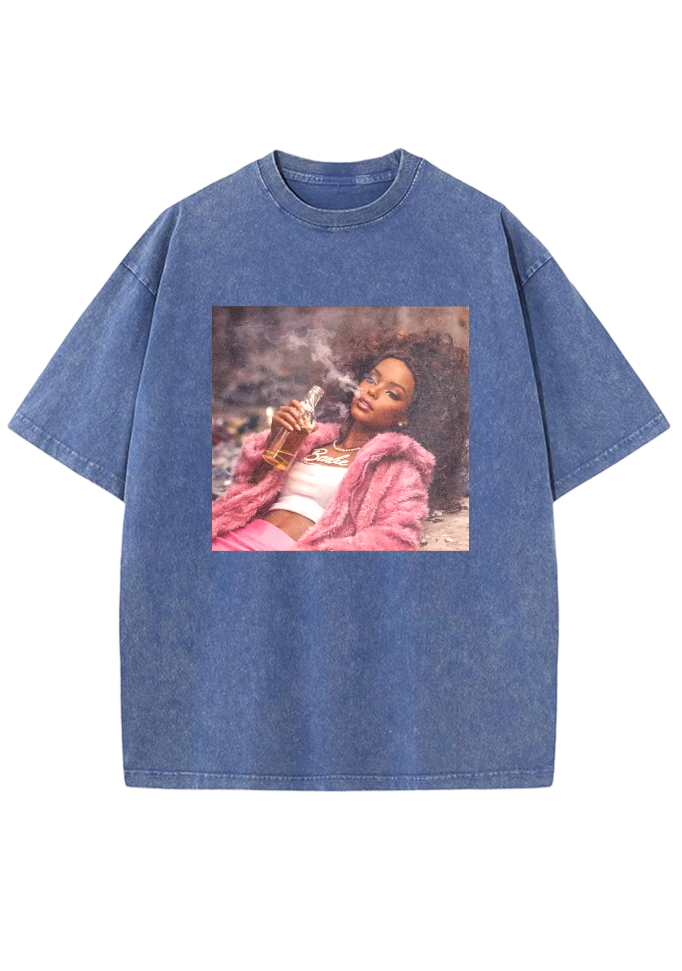 Rebel Pink Fur Barbie Smoking With Liquor Y2K Washed Tee