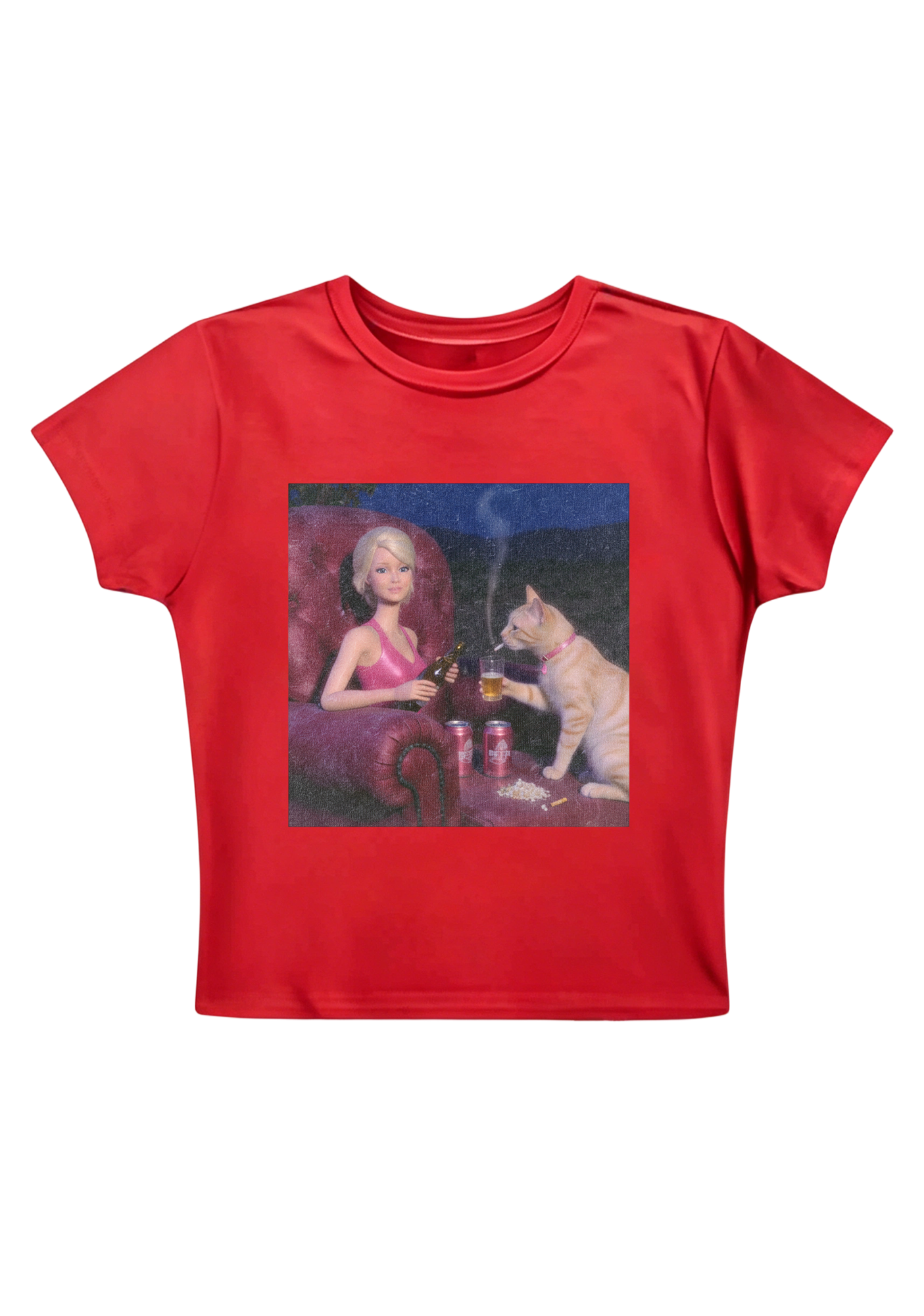 Bad Barbie and Her Cat Drinking Beer Y2K Baby Tee