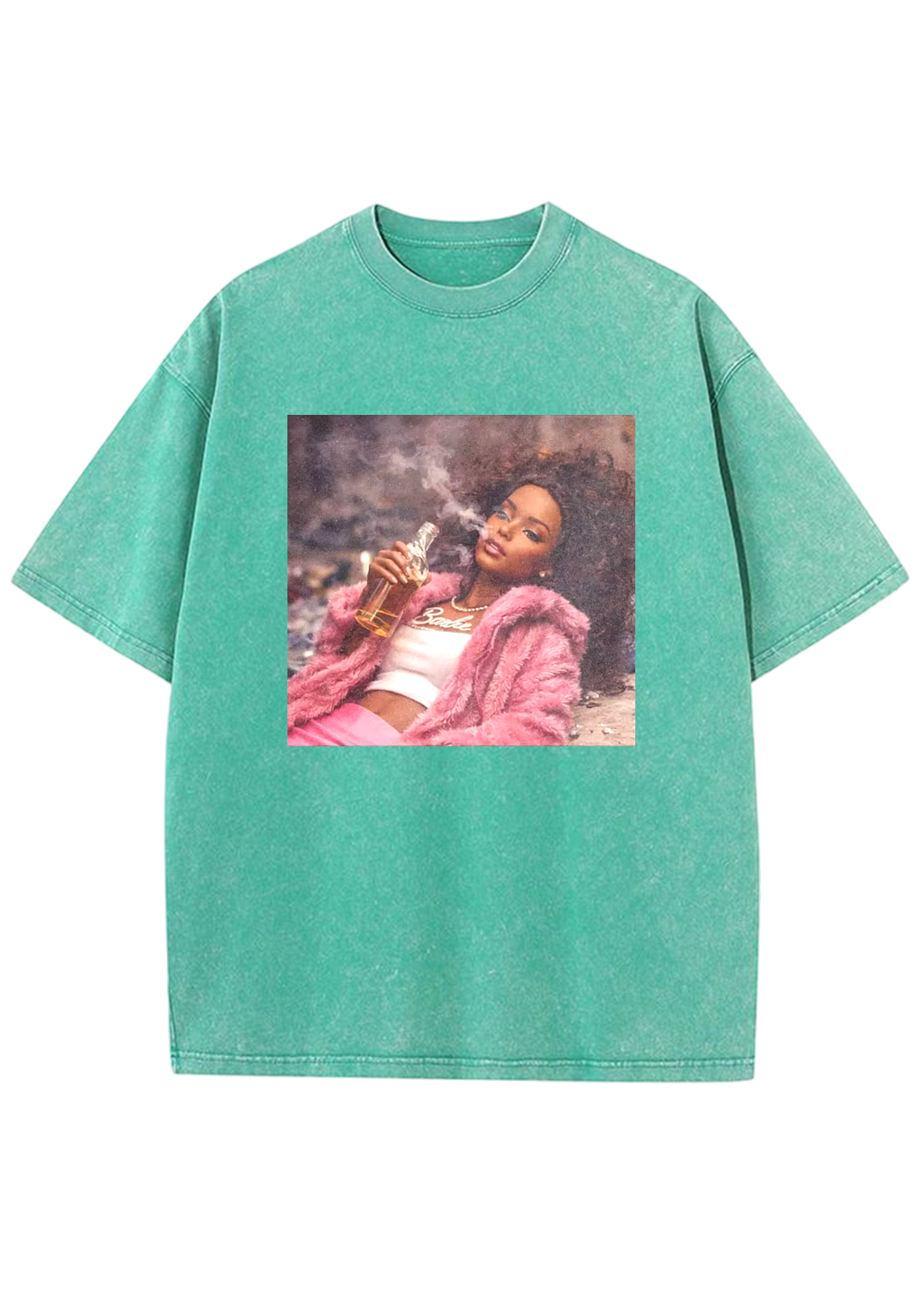 Rebel Pink Fur Barbie Smoking With Liquor Y2K Washed Tee