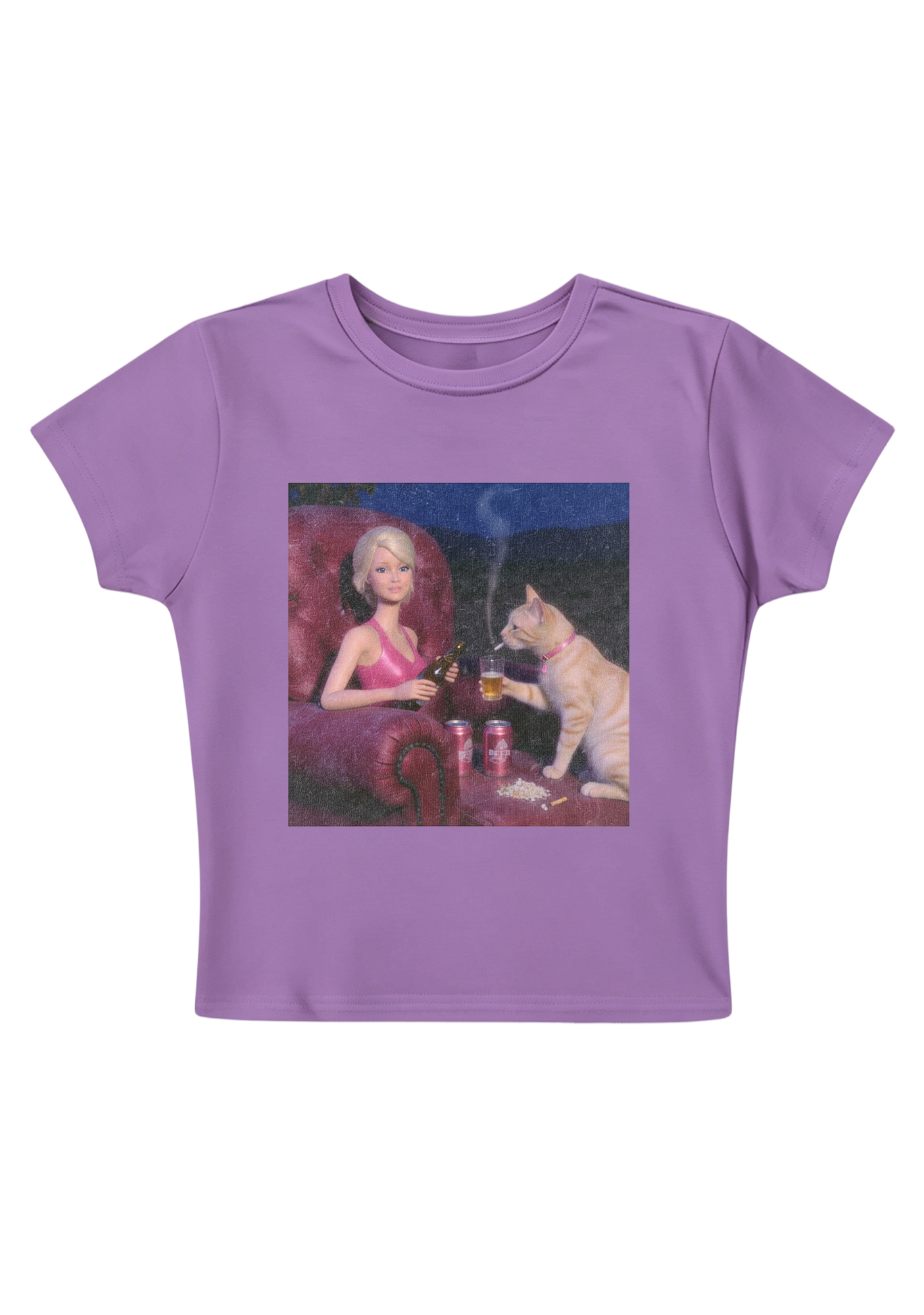 Bad Barbie and Her Cat Drinking Beer Y2K Baby Tee