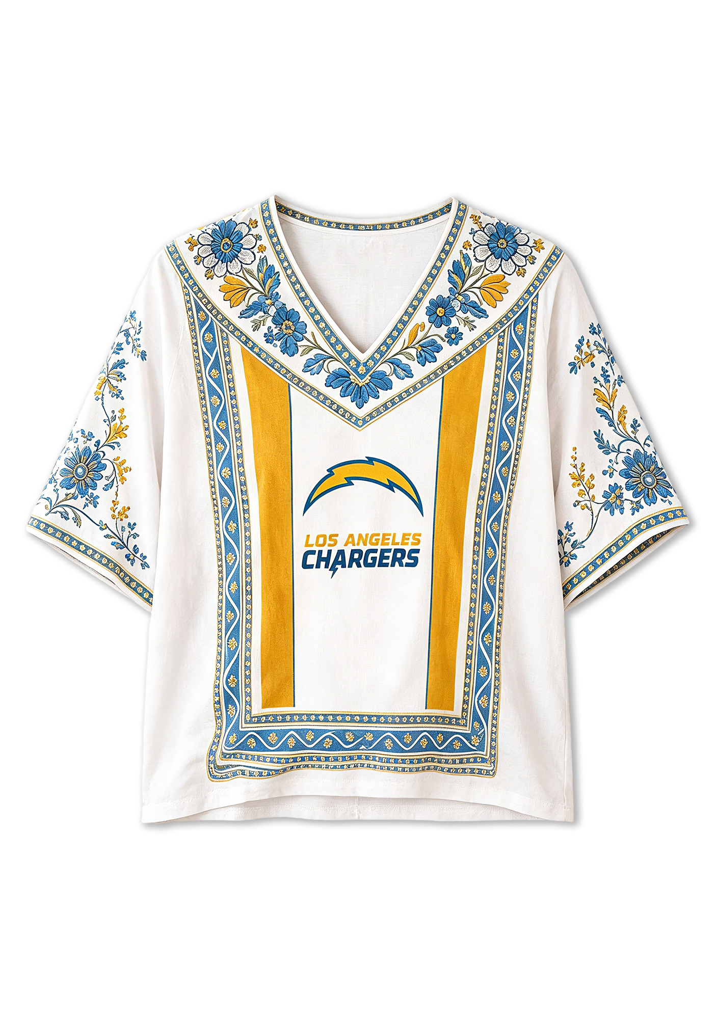 Boho Blue Gold Floral Los Angeles Chargers V-Neck Blouse