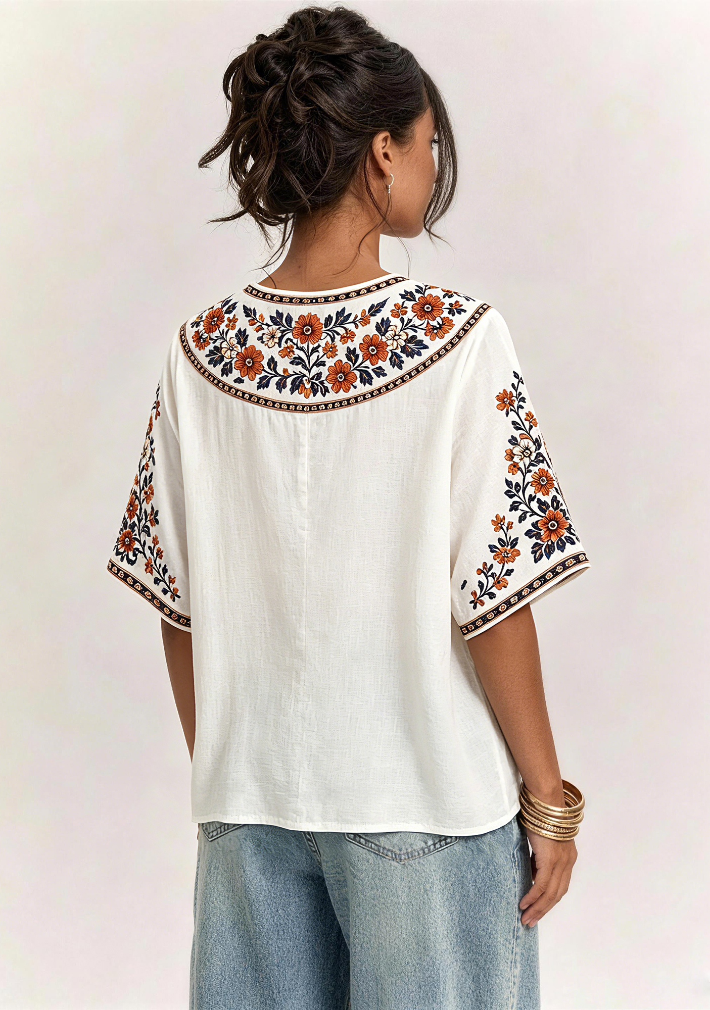 Boho Orange Navy Floral Denver Broncos V-Neck Blouse