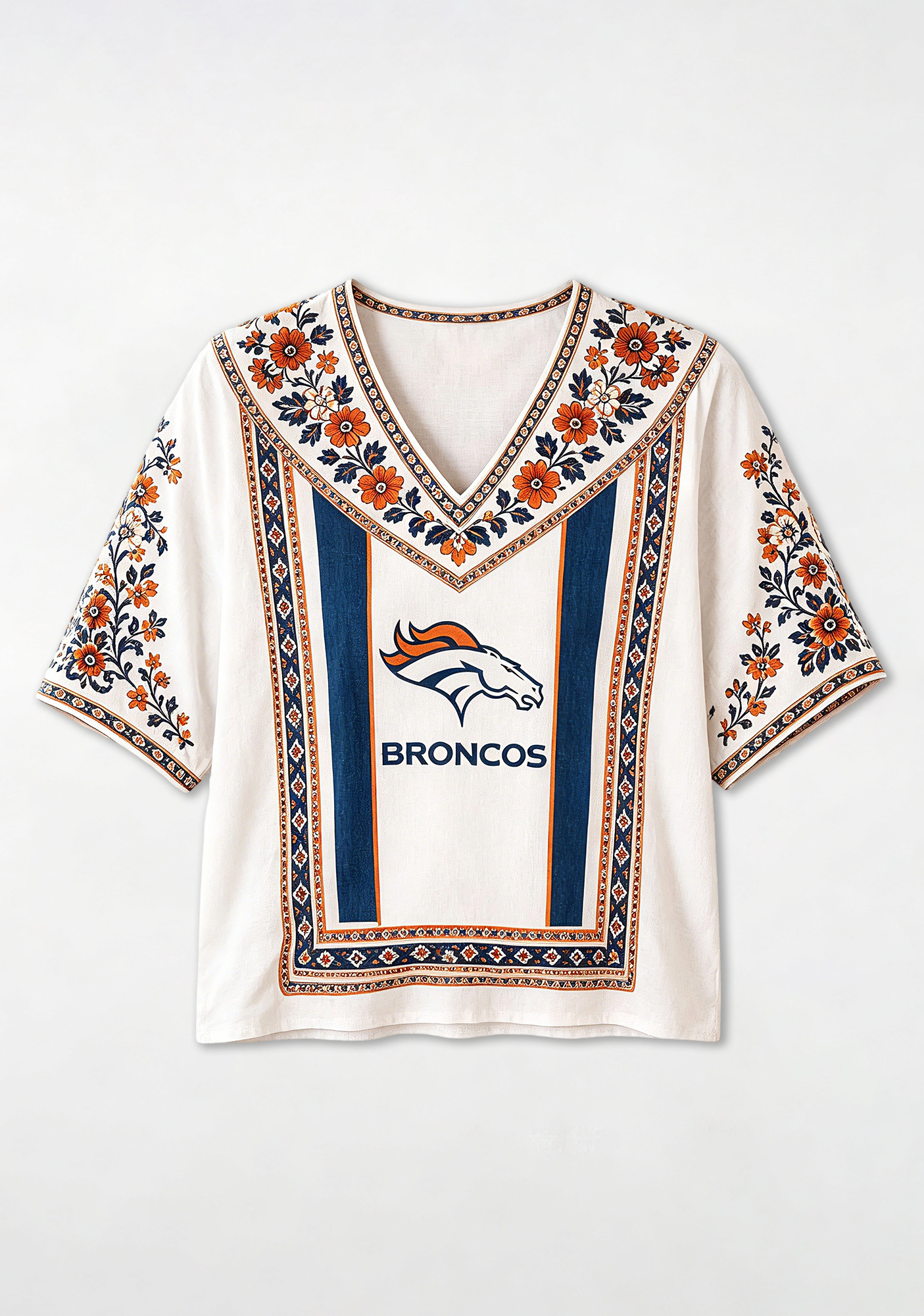 Boho Orange Navy Floral Denver Broncos V-Neck Blouse
