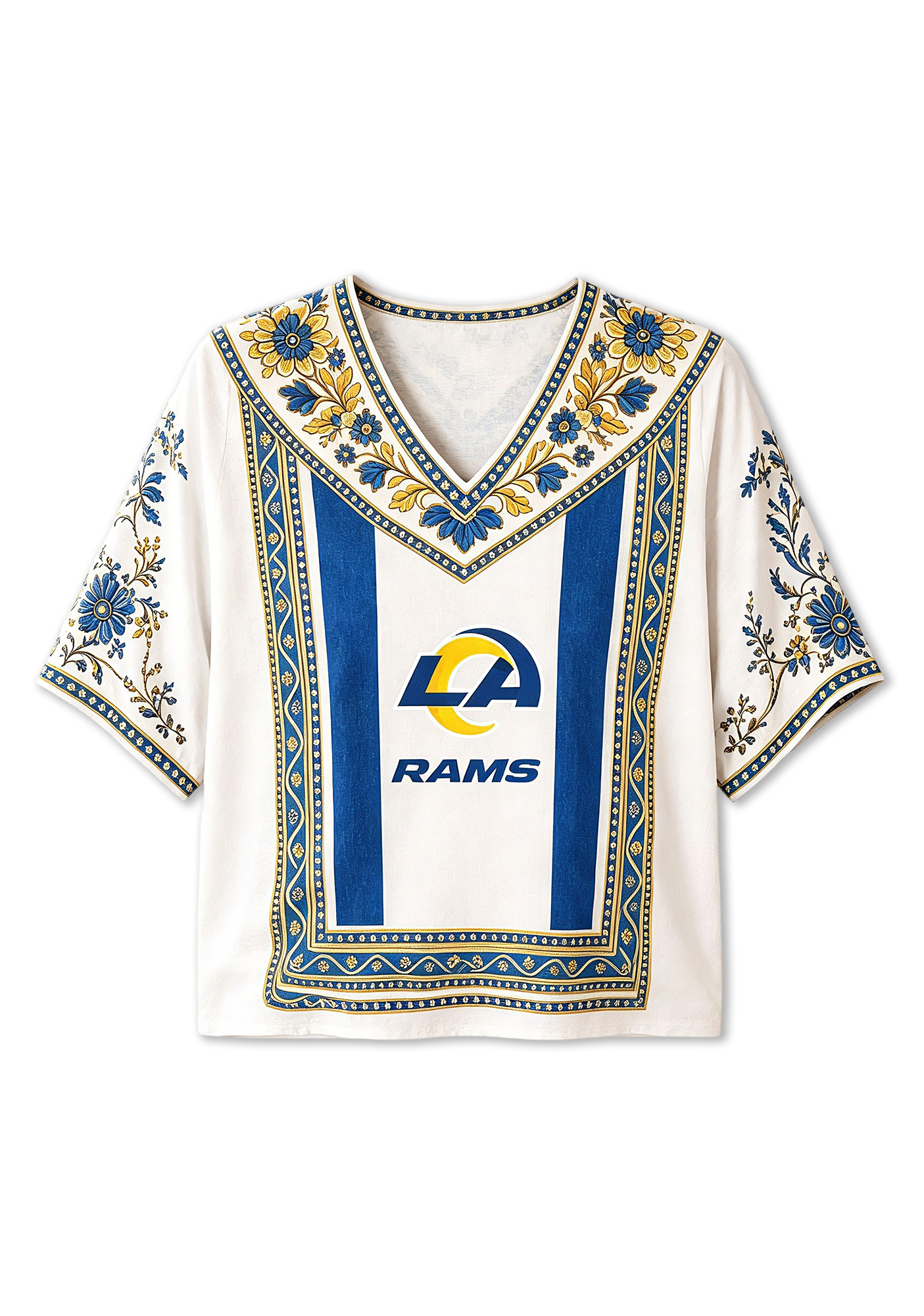 Boho Blue Gold Floral Los Angeles Rams V-Neck Blouse