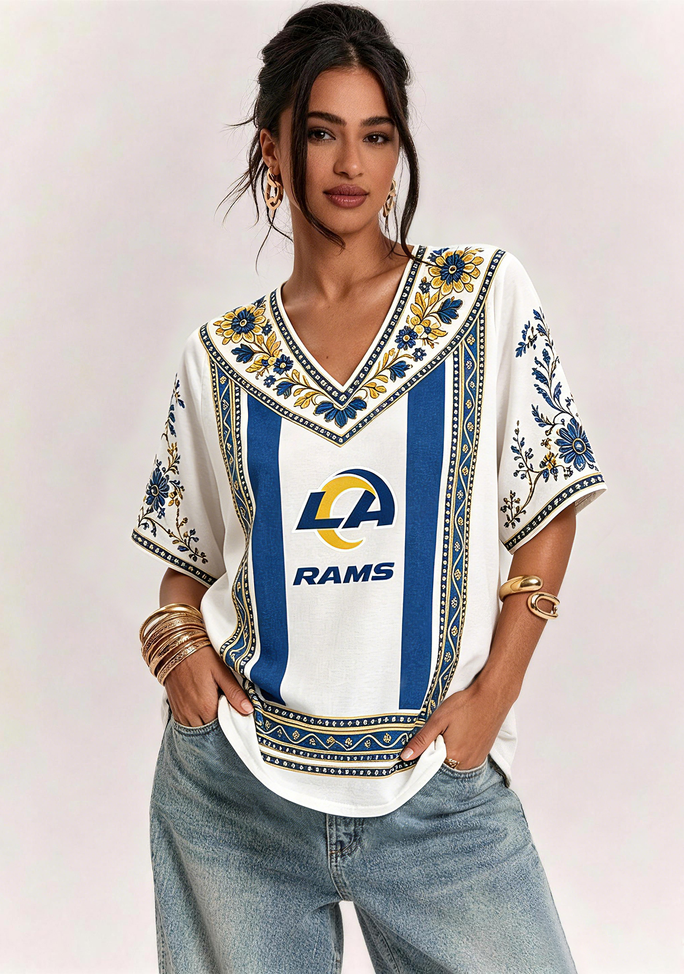 Boho Blue Gold Floral Los Angeles Rams V-Neck Blouse