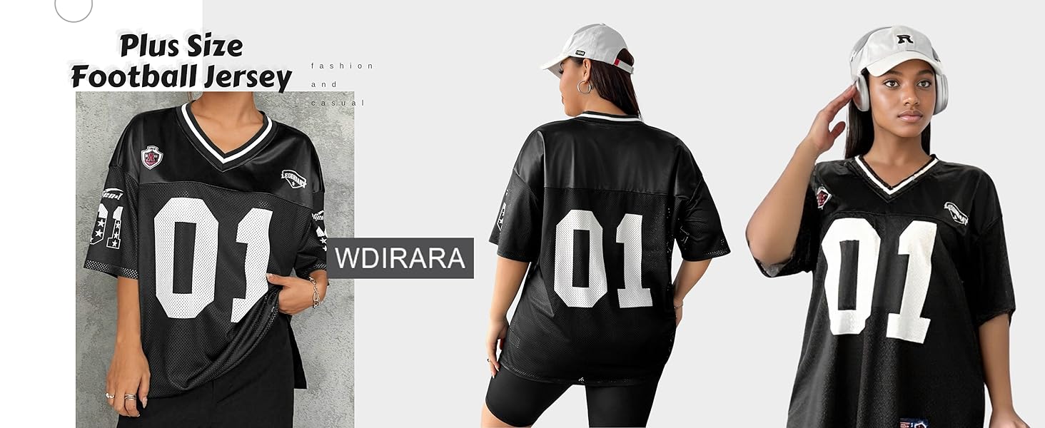 WDIRARA Women's Plus Size Football Jersey Shirts Oversized T Shirt Graphic Letter Print V Neck Top