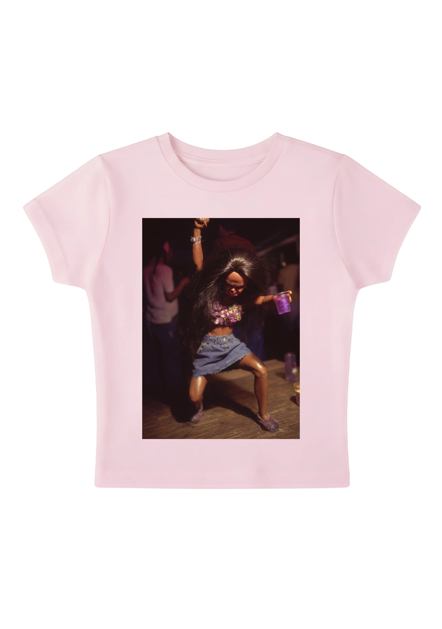 Party Barbie Doll Dancing With Purple Cup Y2K Baby Tee