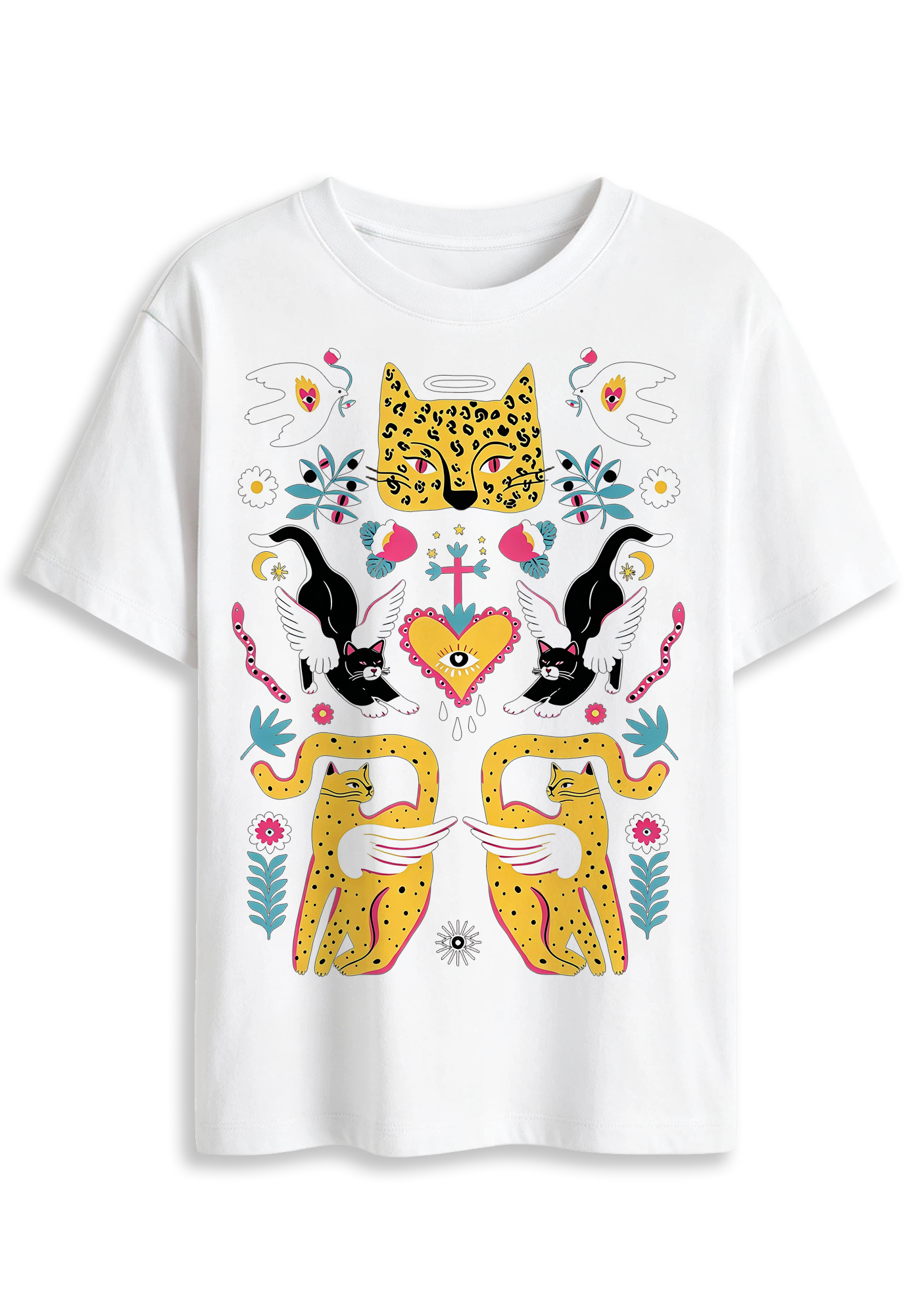 Folk Art Angel Leopard Cat Sacred Heart Mystical Graphic T-Shirt