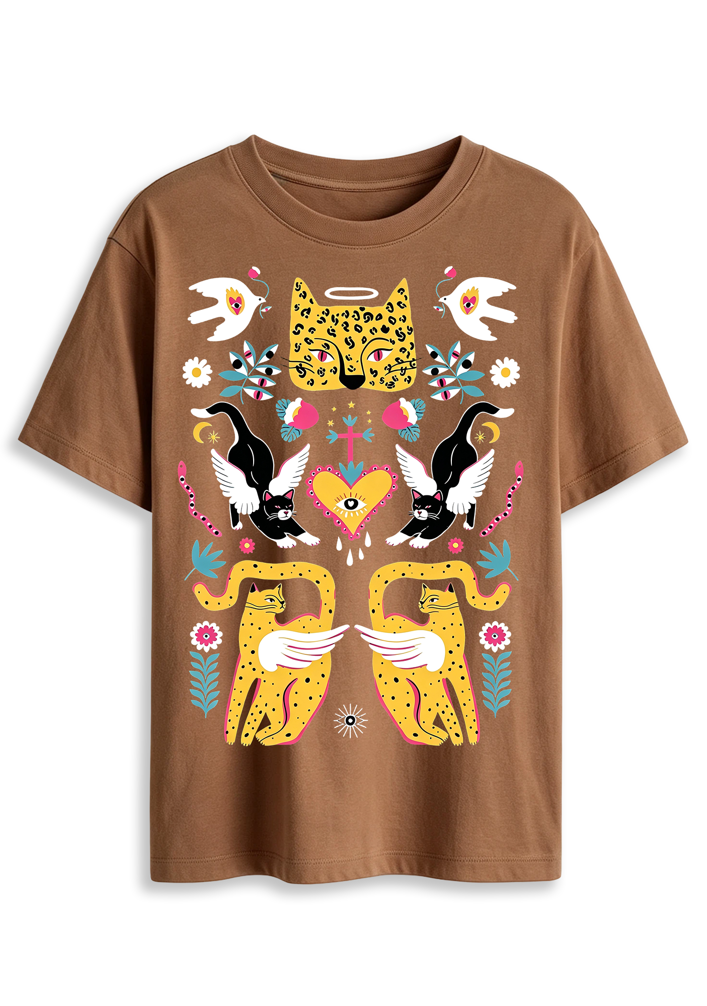 Folk Art Angel Leopard Cat Sacred Heart Mystical Graphic T-Shirt