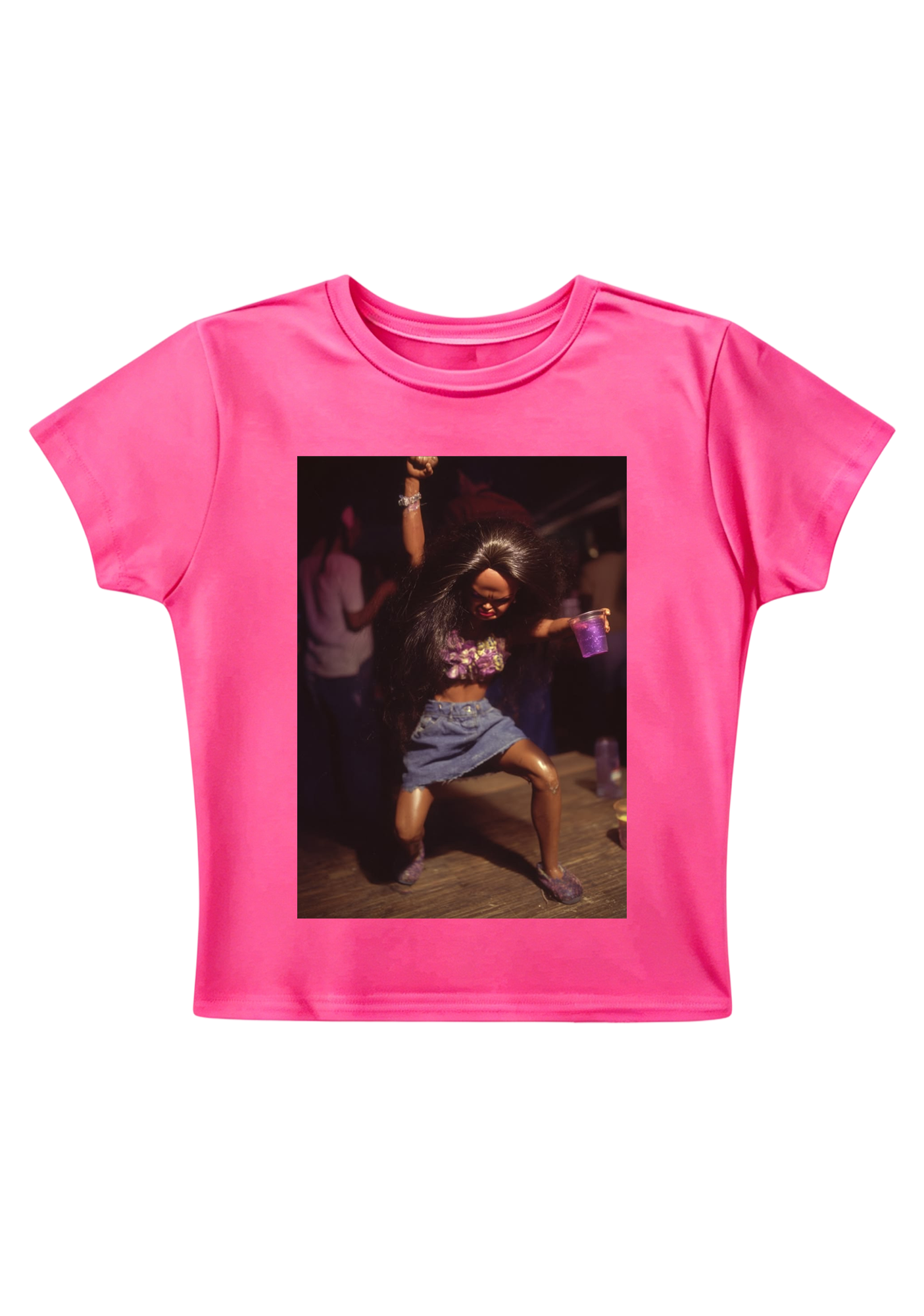 Party Barbie Doll Dancing With Purple Cup Y2K Baby Tee
