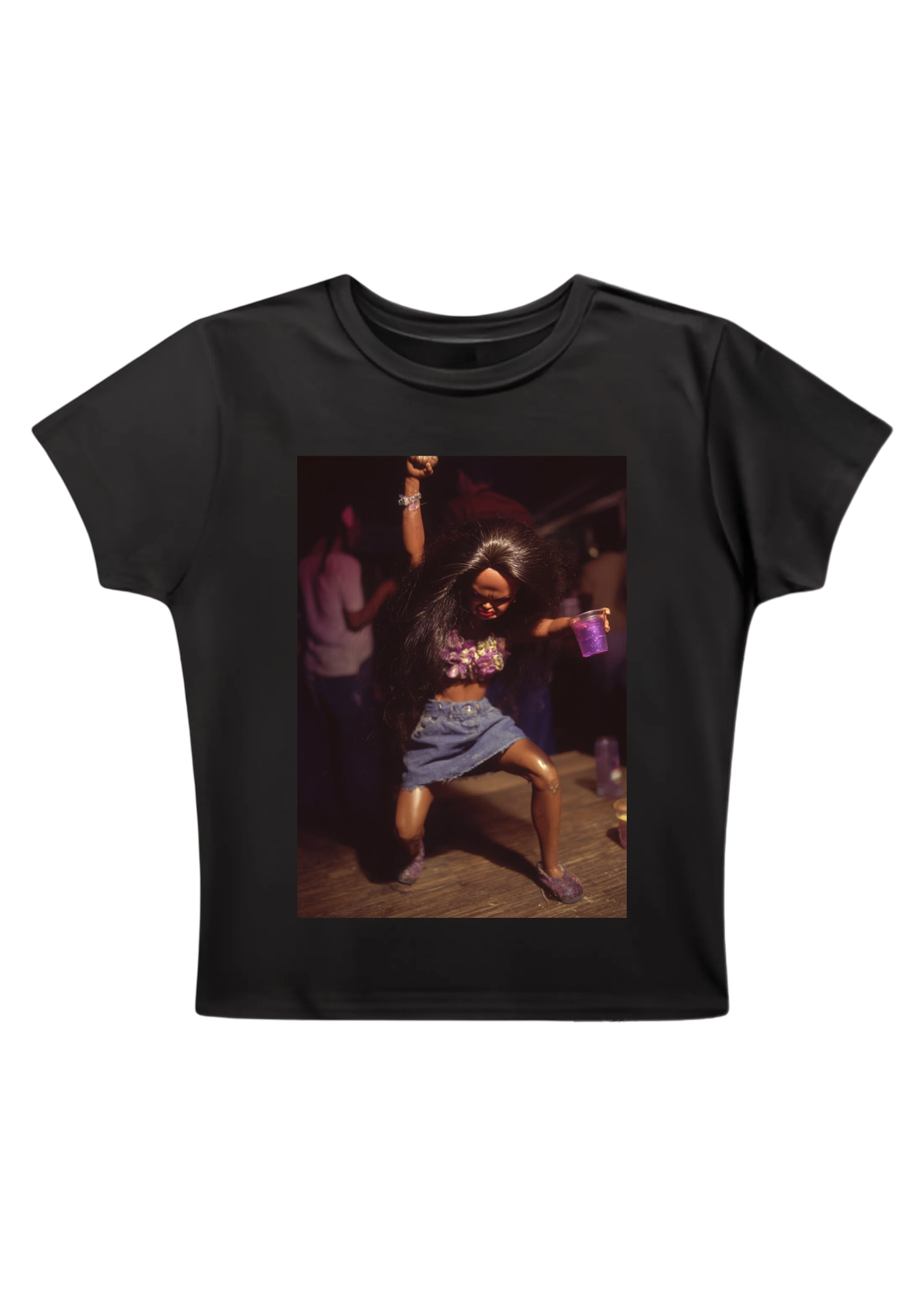 Party Barbie Doll Dancing With Purple Cup Y2K Baby Tee