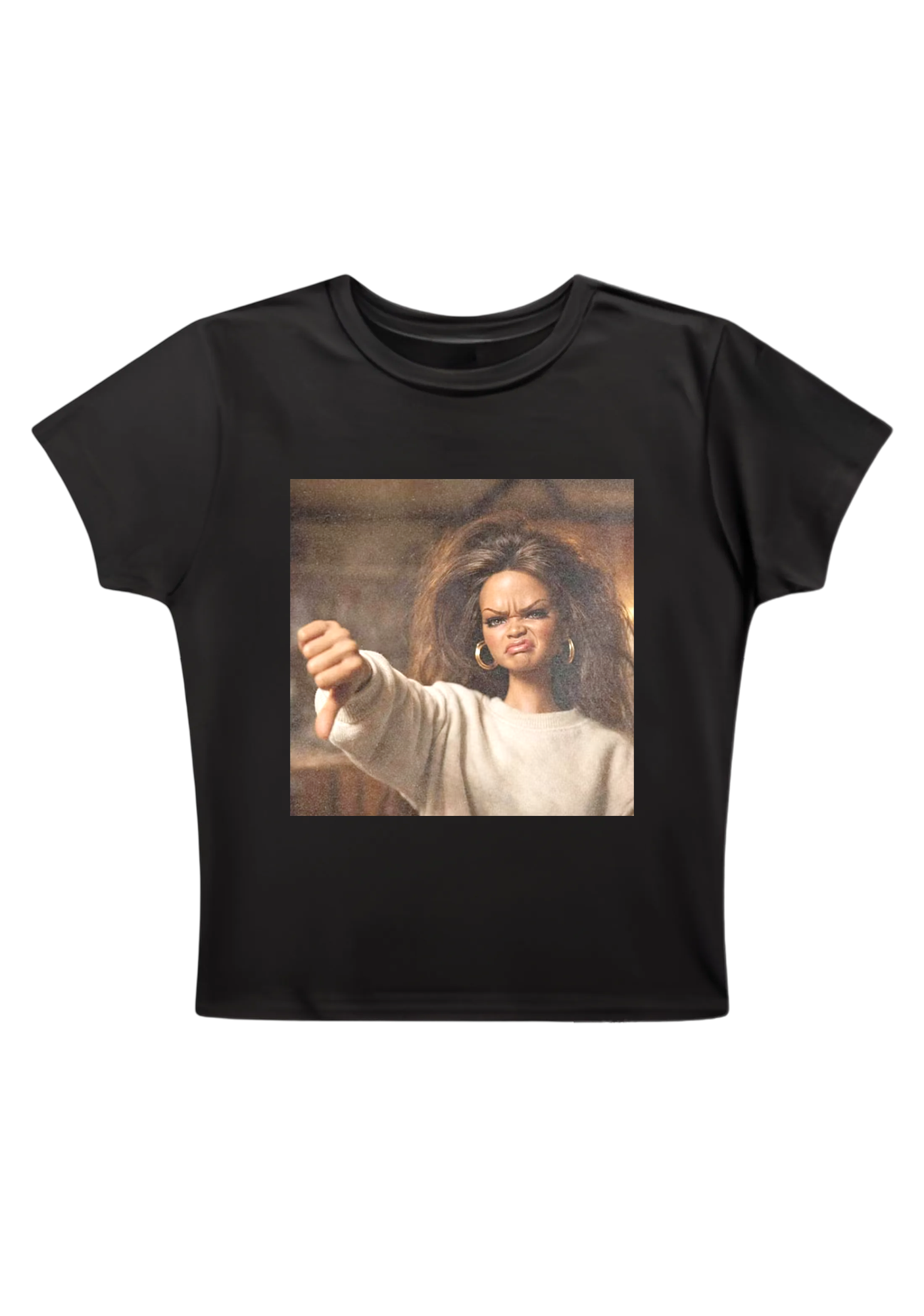 Rihanna Doll Thumbs Down Meme Y2K Baby Tee