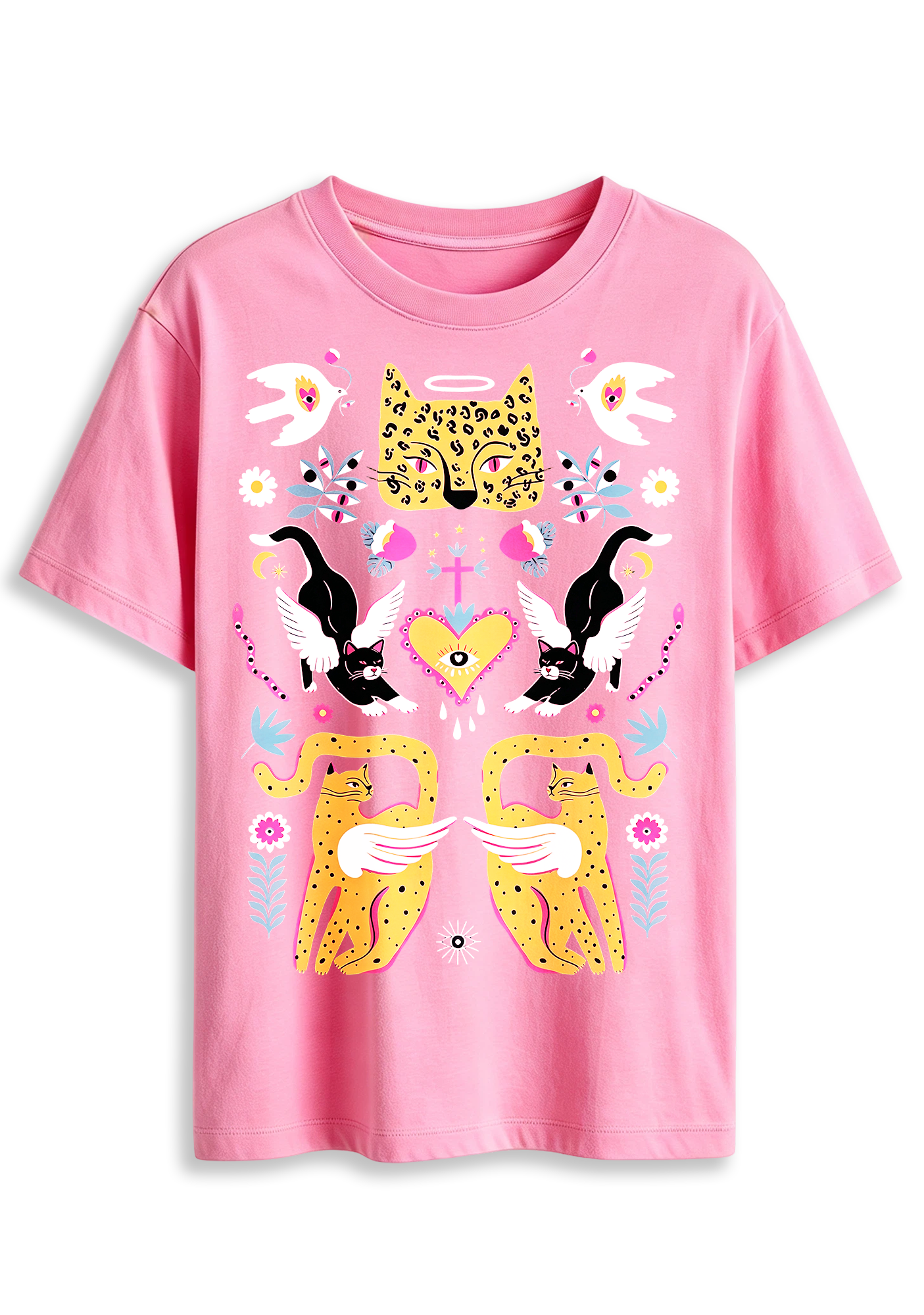 Folk Art Angel Leopard Cat Sacred Heart Mystical Graphic T-Shirt