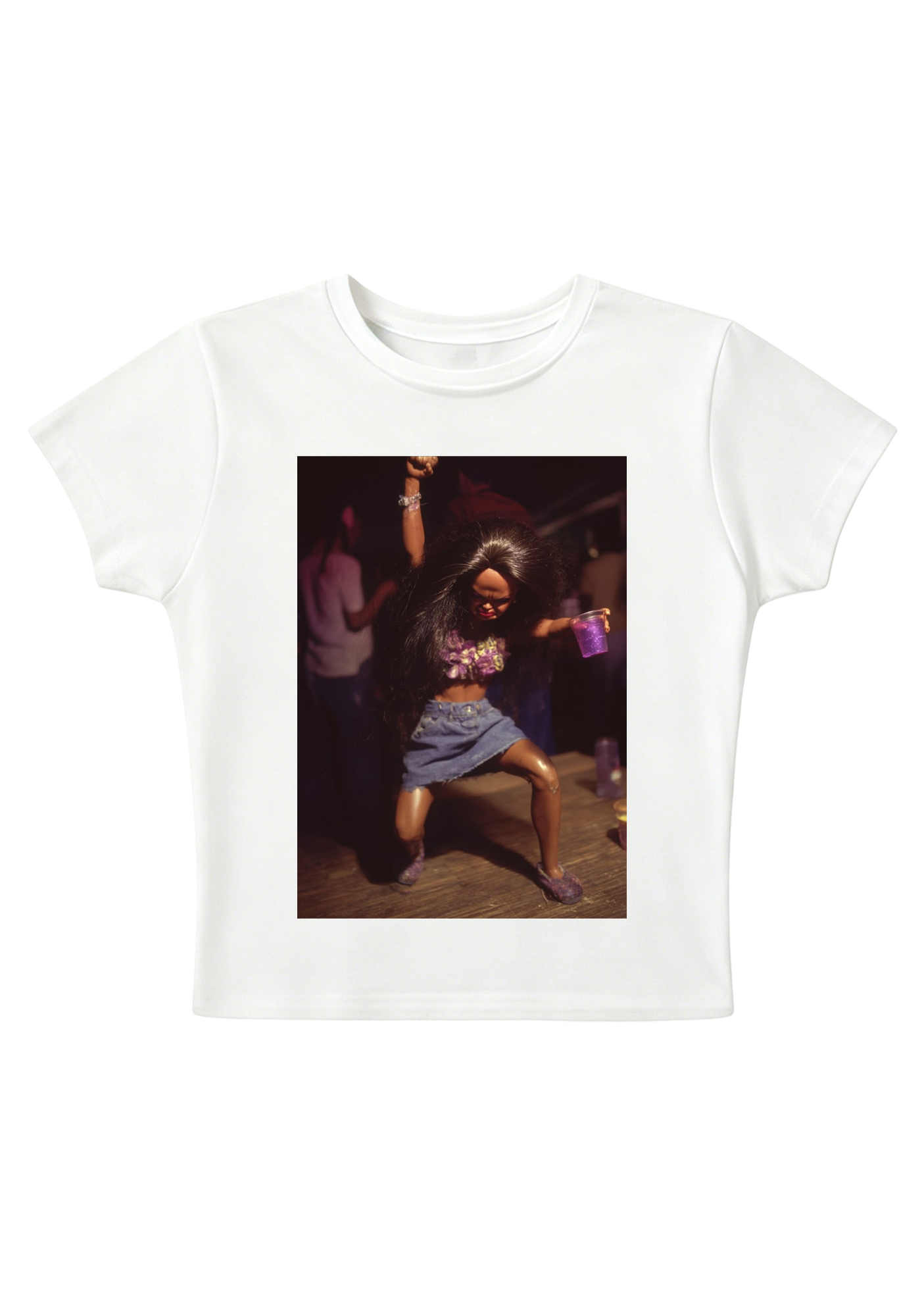 Party Barbie Doll Dancing With Purple Cup Y2K Baby Tee